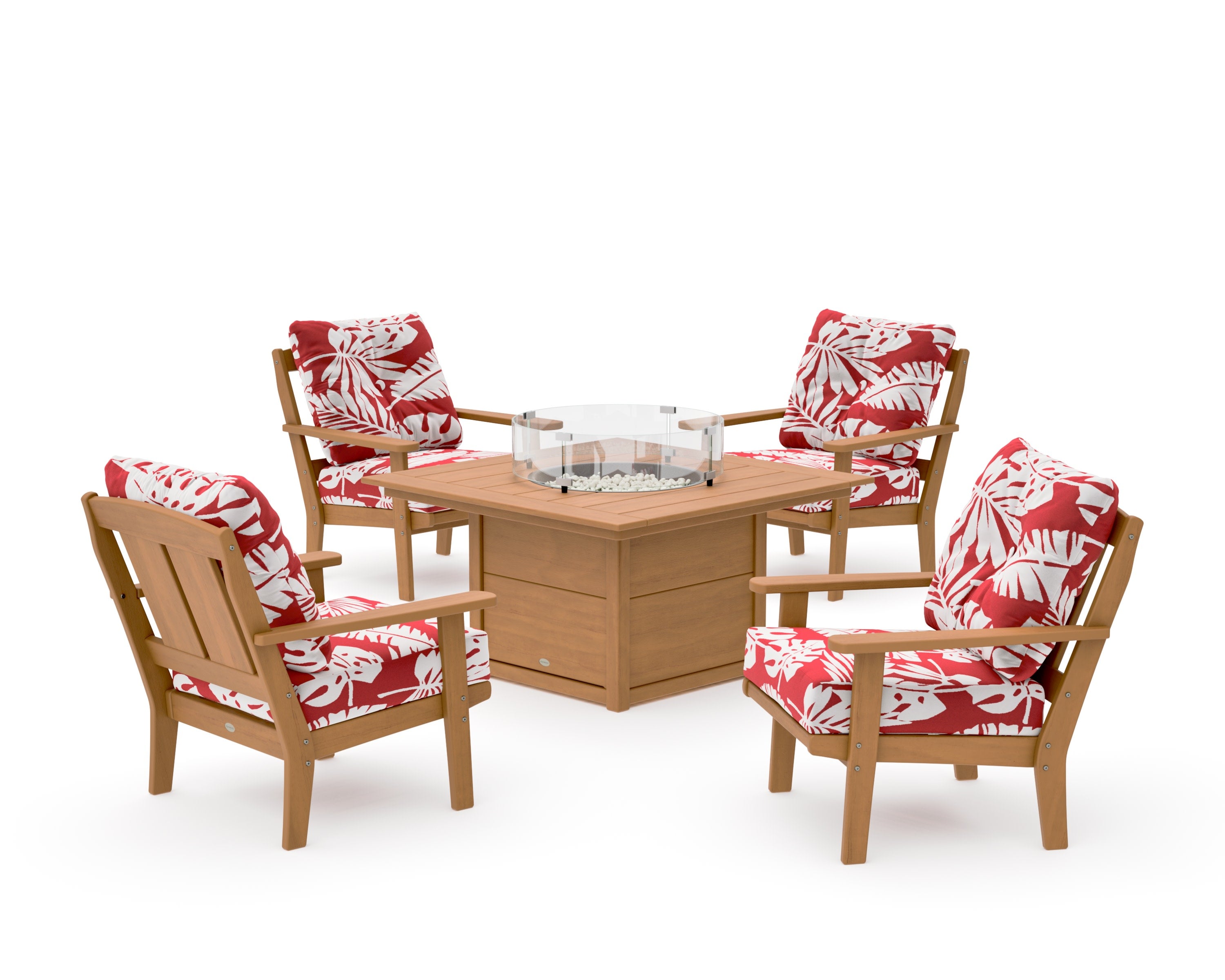 Mission 5-Piece Deep Seating Set with Fire Pit Table in Natural / Leaf Crimson