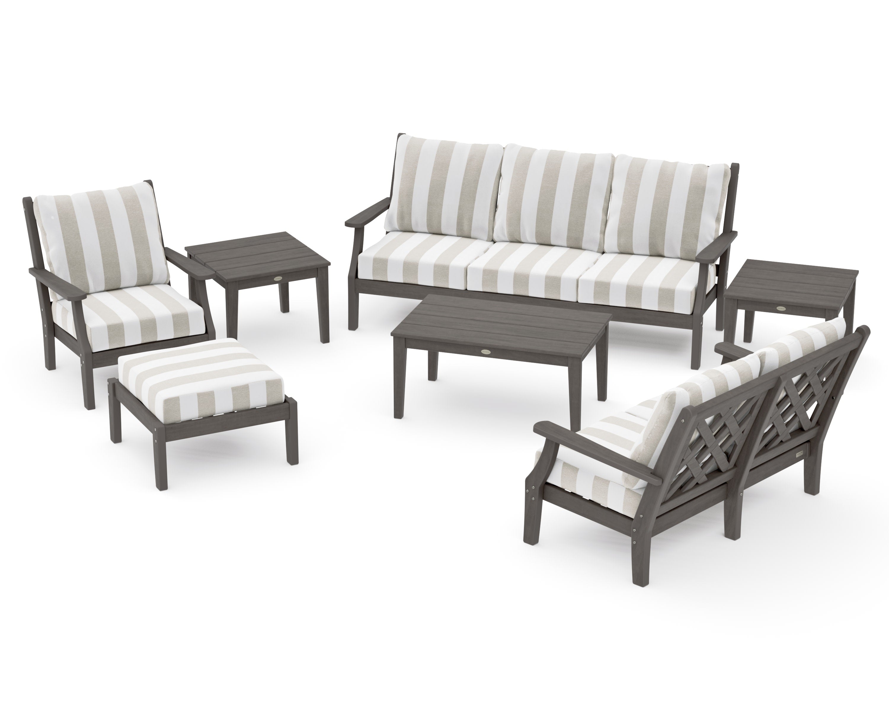 Wovendale 7-Piece Deep Seating Set in Driftwood / Cabana Stripe Dune Burlap