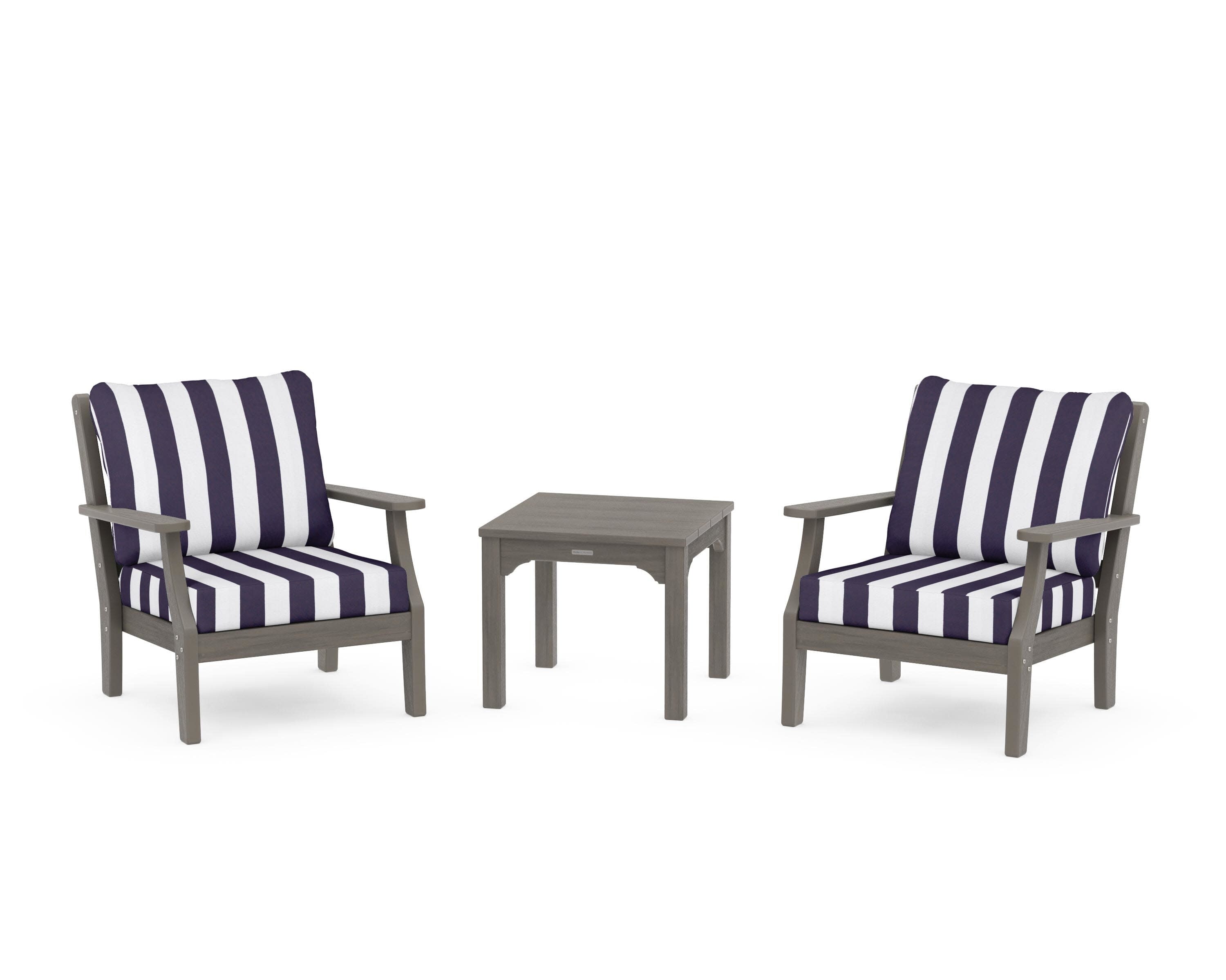 Chinoiserie 3-Piece Deep Seating Set in Driftwood / Cabana Stripe Navy