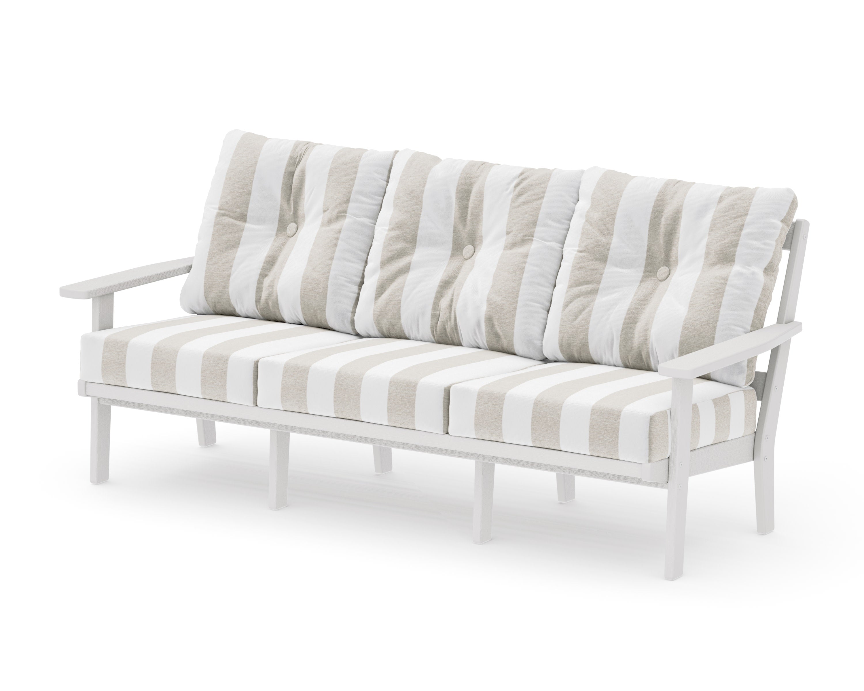 PrairieDeep Seating Sofa in Vintage White / Cabana Stripe Dune Burlap