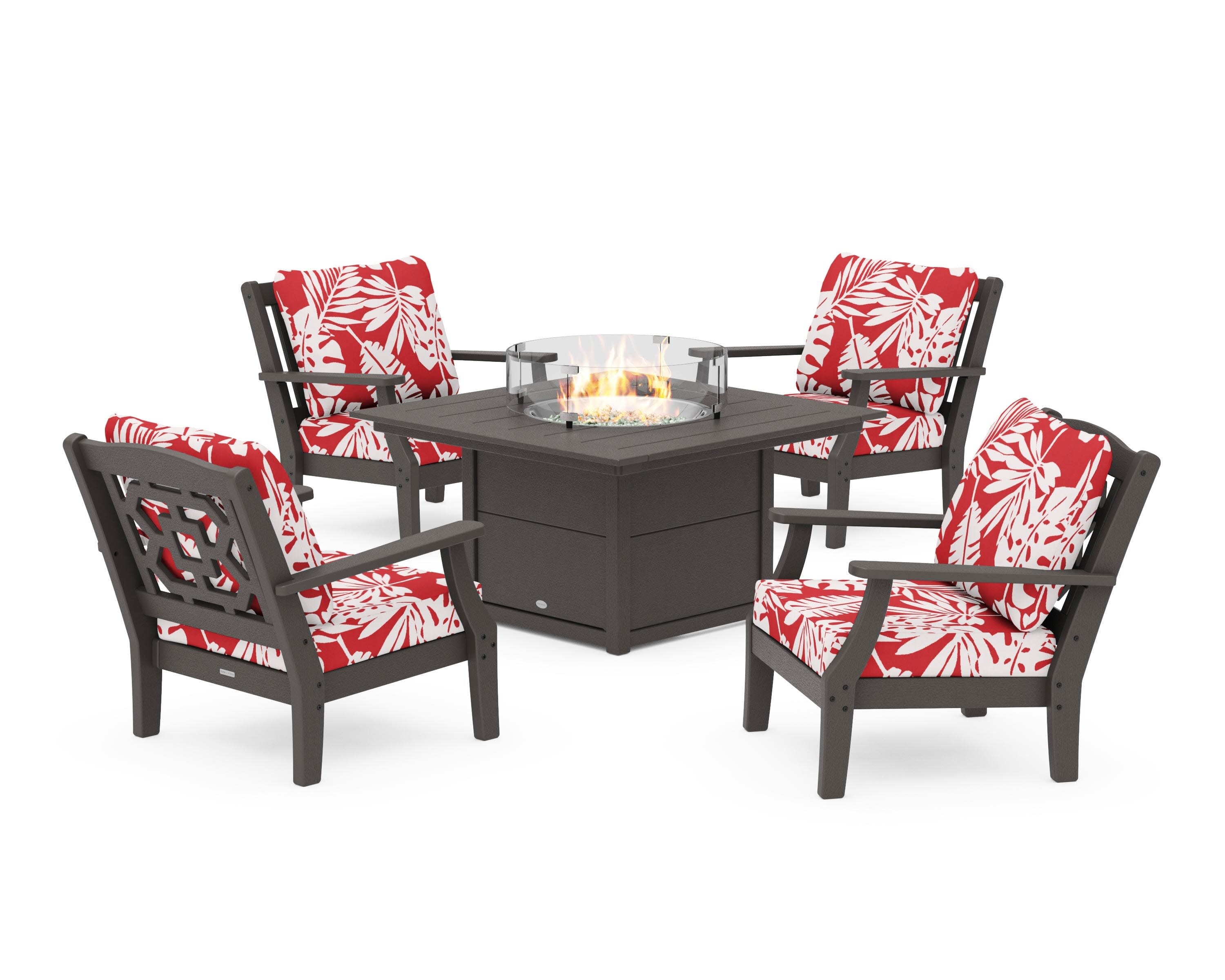 Chinoiserie 5-Piece Deep Seating Set with Fire Pit Table in Vintage Coffee / Leaf Crimson