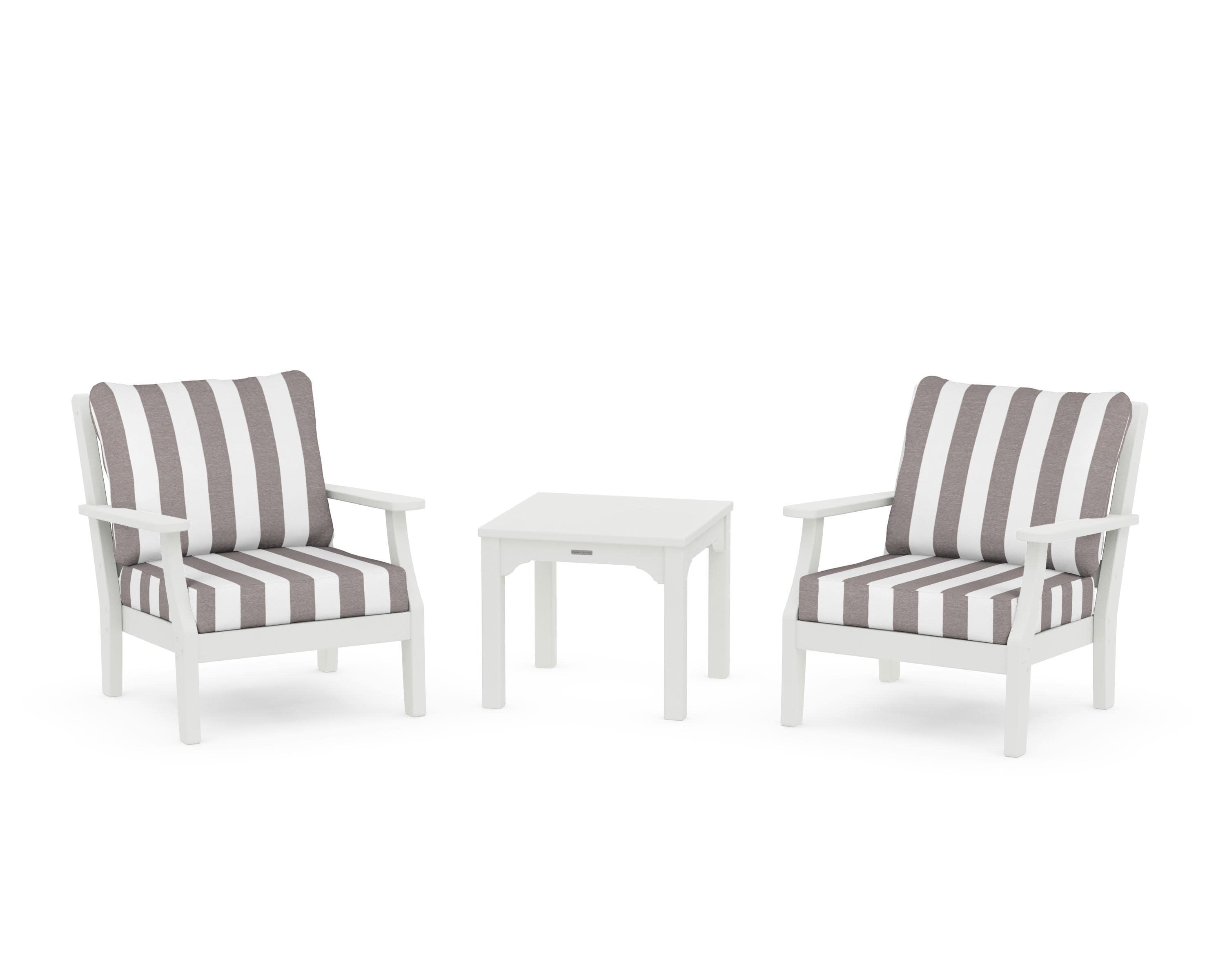 Chinoiserie 3-Piece Deep Seating Set in Vintage White / Cabana Stripe Grey Mist