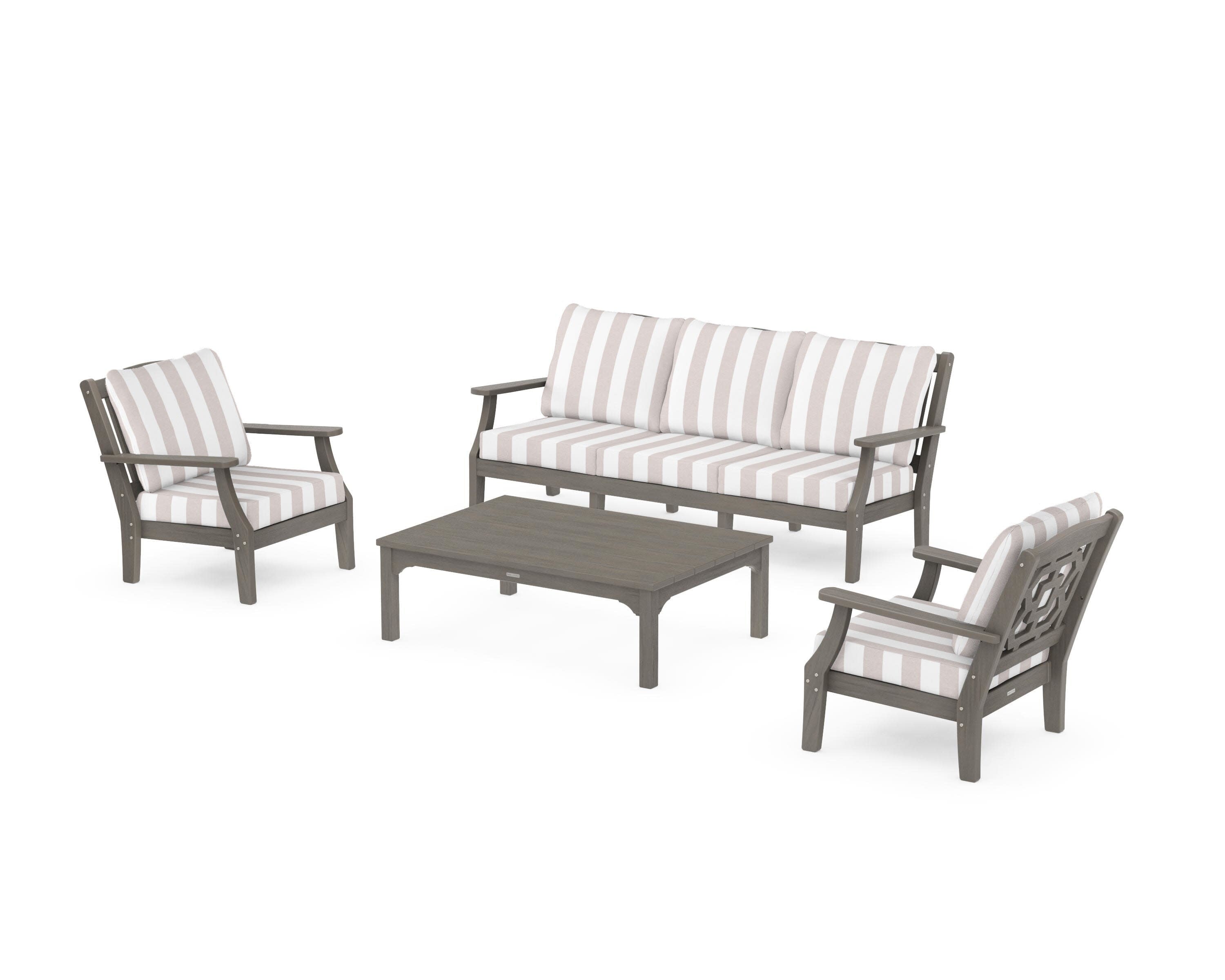 Chinoiserie 4-Piece Deep Seating Set with Sofa in Driftwood / Cabana Stripe Dune Burlap