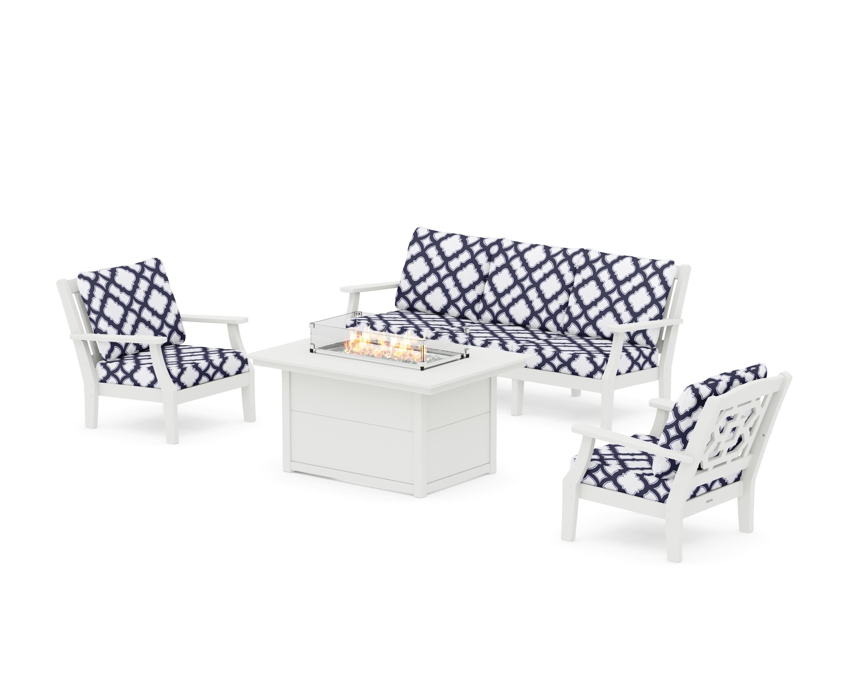 Chinoiserie Deep Seating Fire Pit Table Set in Vintage White / Trellis Navy