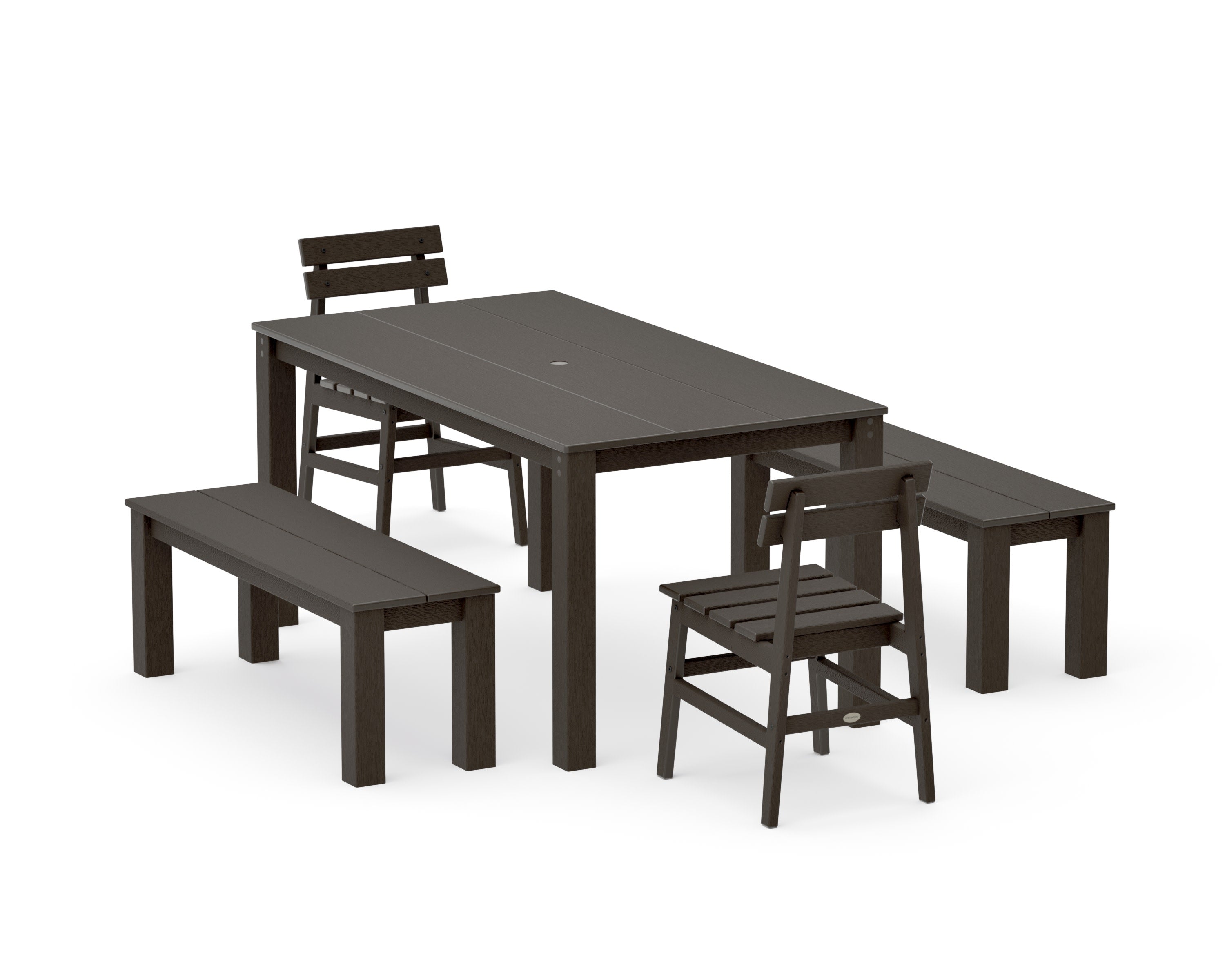 Modern Studio Plaza Chair 5-Piece Parsons Dining Set with Benches in Vintage Coffee
