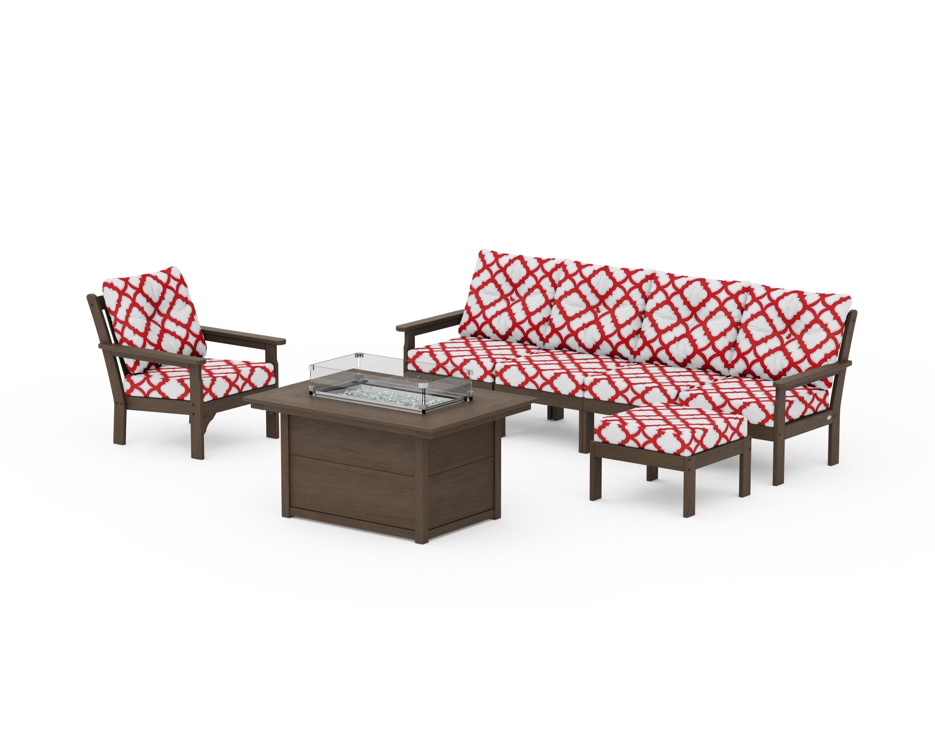 Vineyard Sectional Lounge and Fire Pit Set in Kona / Trellis Crimson