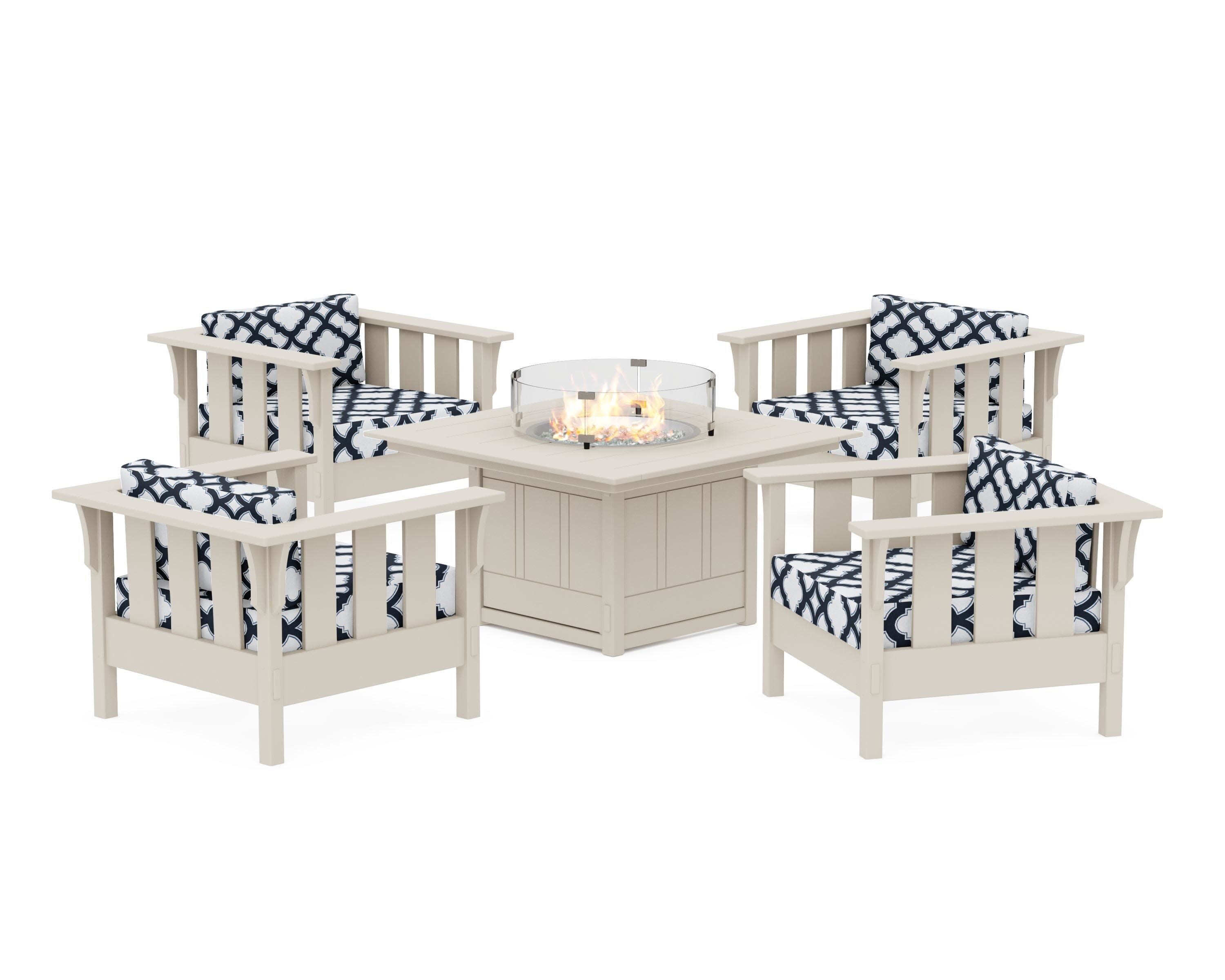 Acadia 5-Piece Deep Seating Set with Fire Pit Table in Sand / Trellis Marine Indigo