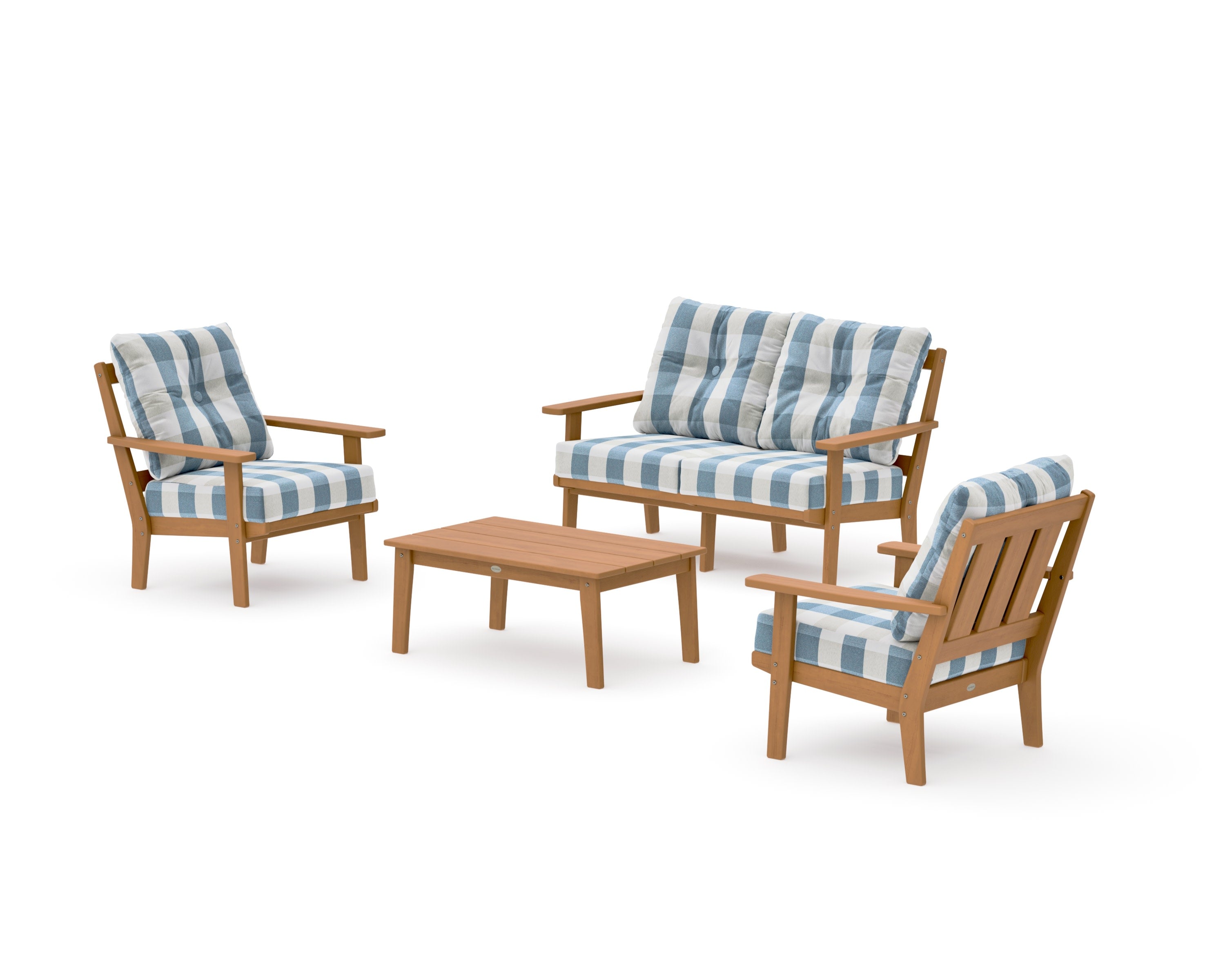 Oxford 4-Piece Deep Seating Set with Loveseat in Natural / Buffalo Plaid Sky Blue
