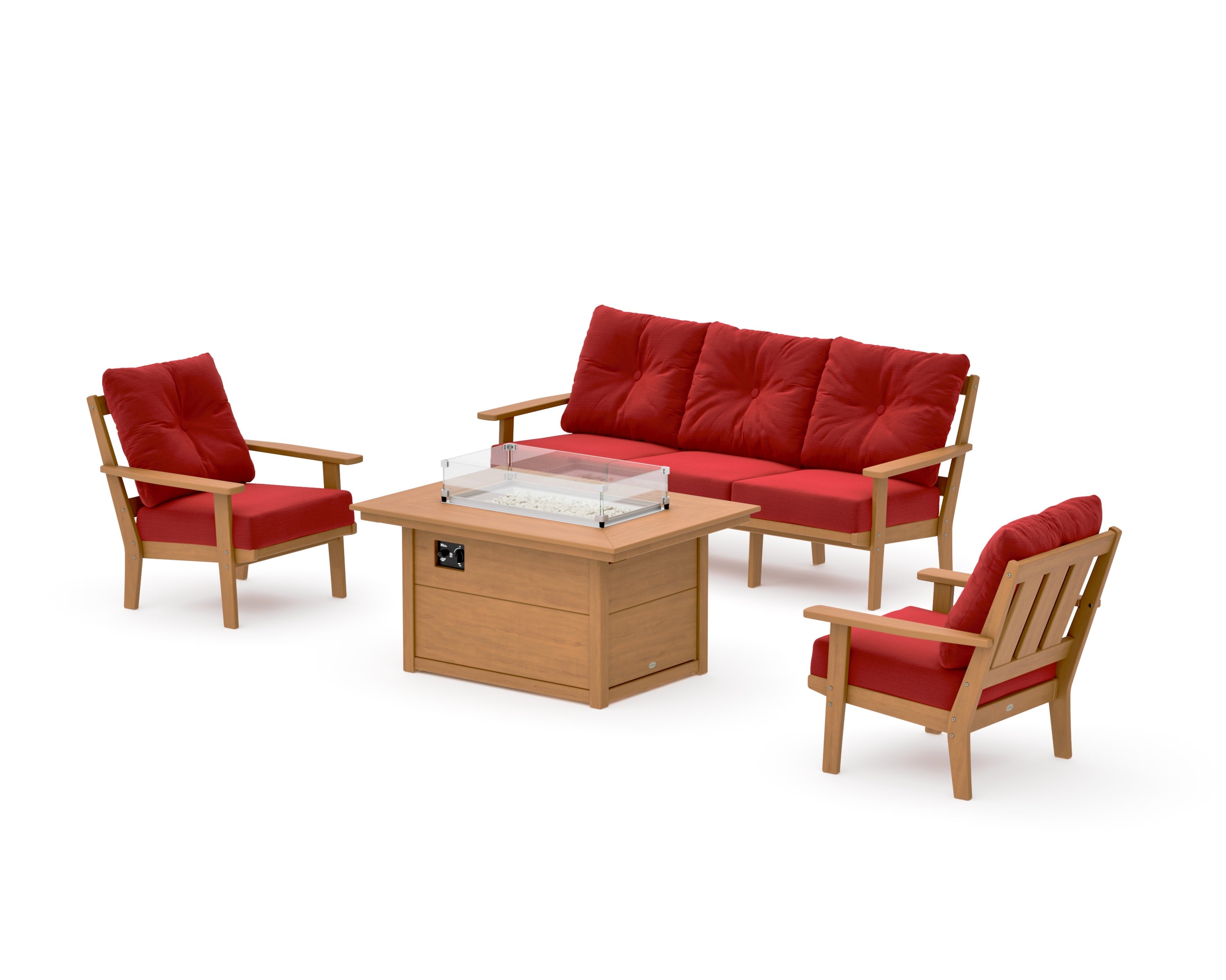 Oxford Deep Seating Fire Pit Table Set in Natural / Crimson Linen