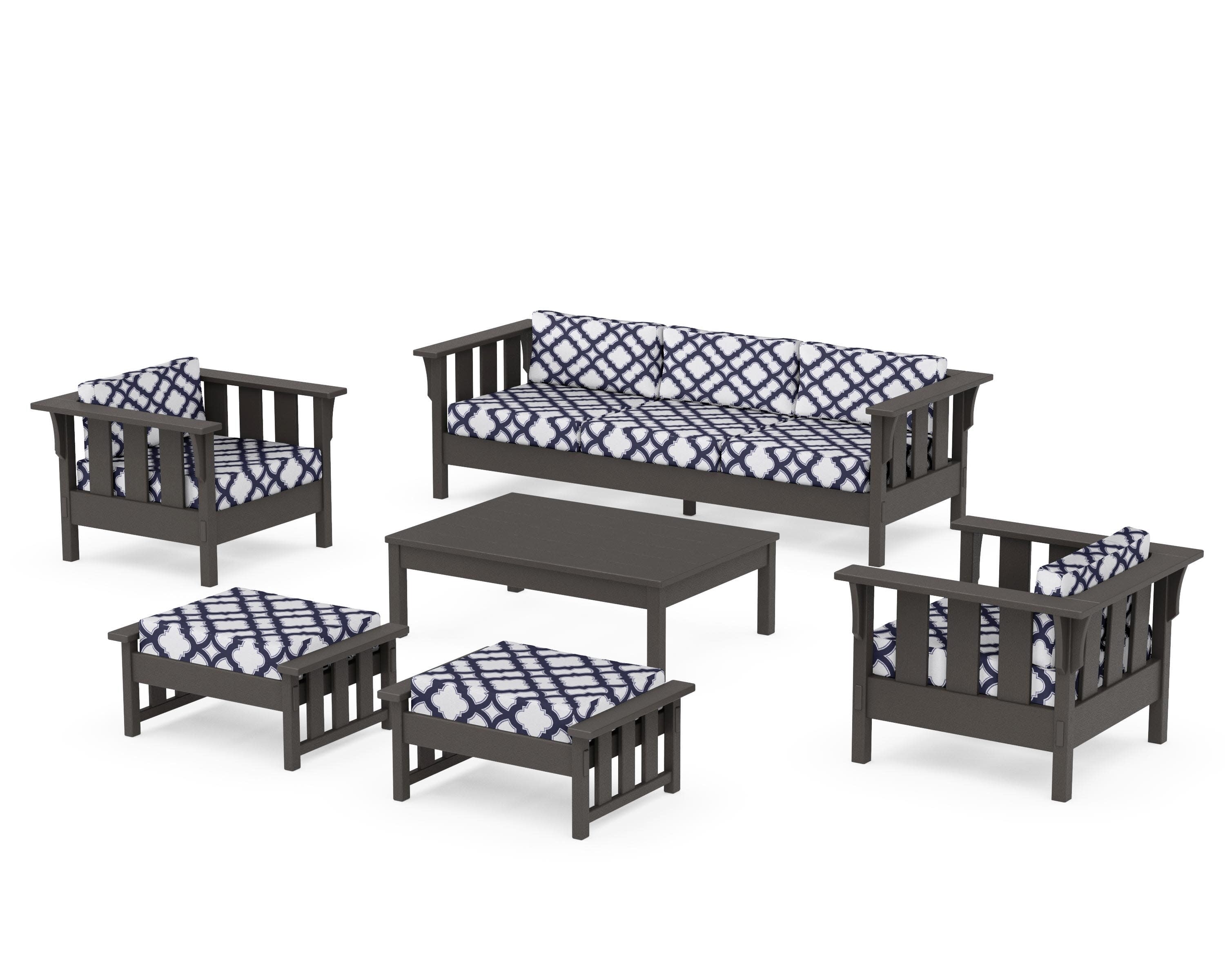 Acadia 6-Piece Lounge Sofa Set in Vintage Coffee / Trellis Navy
