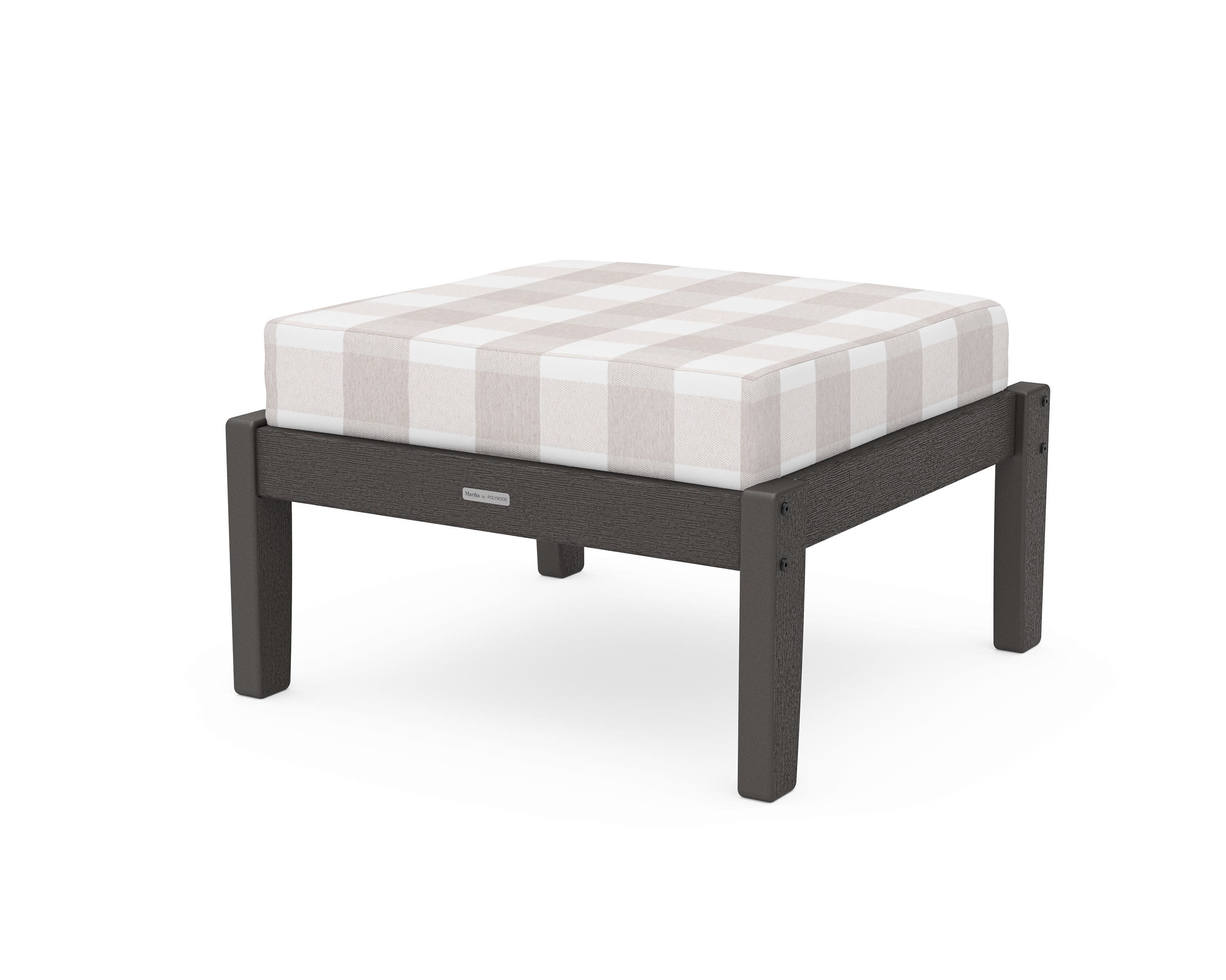Chinoiserie Deep Seating Ottoman in Vintage Coffee / Buffalo Plaid Dune Burlap