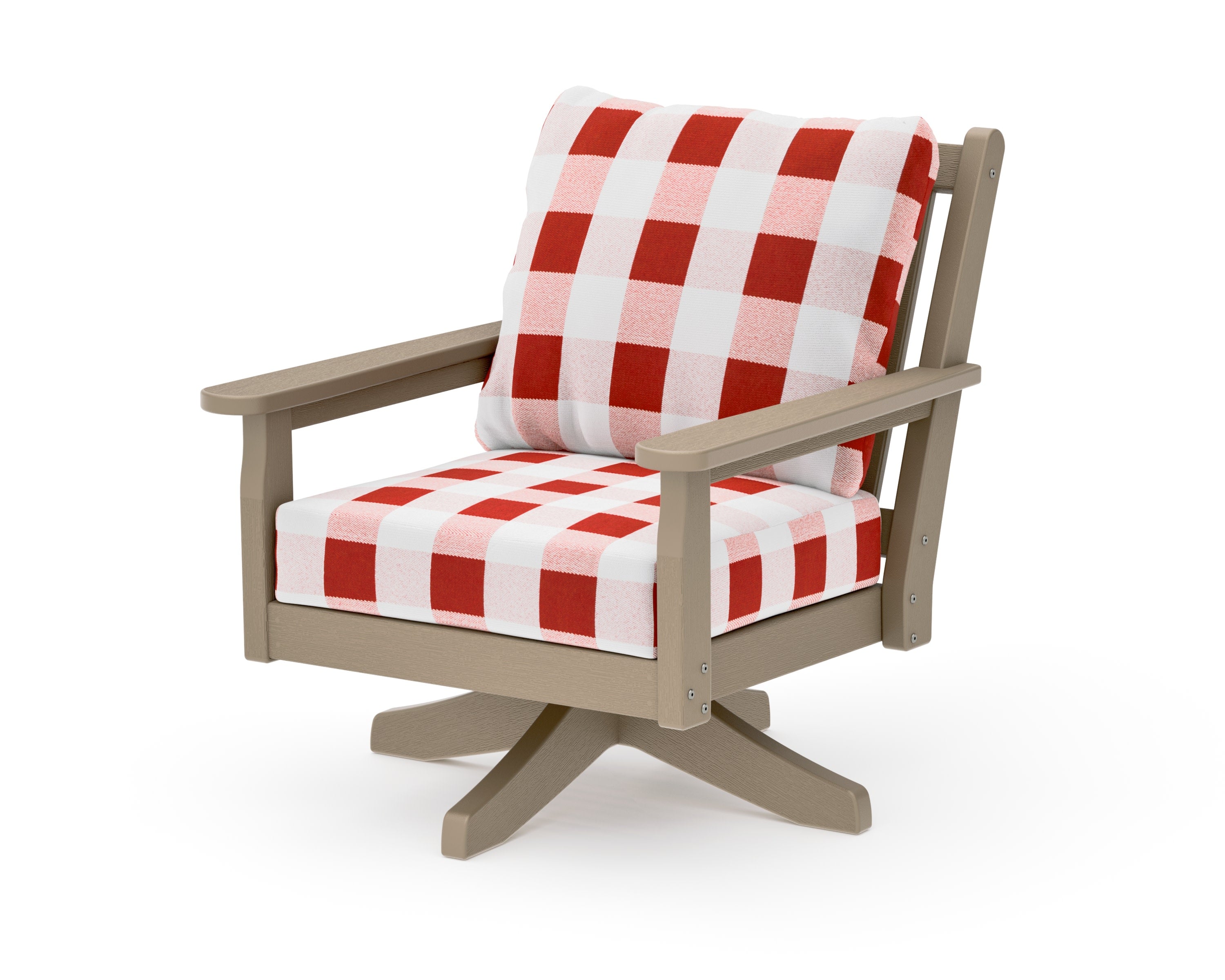 Chippendale Deep Seating Swivel Chair in Vintage Sahara / Buffalo Plaid Crimson