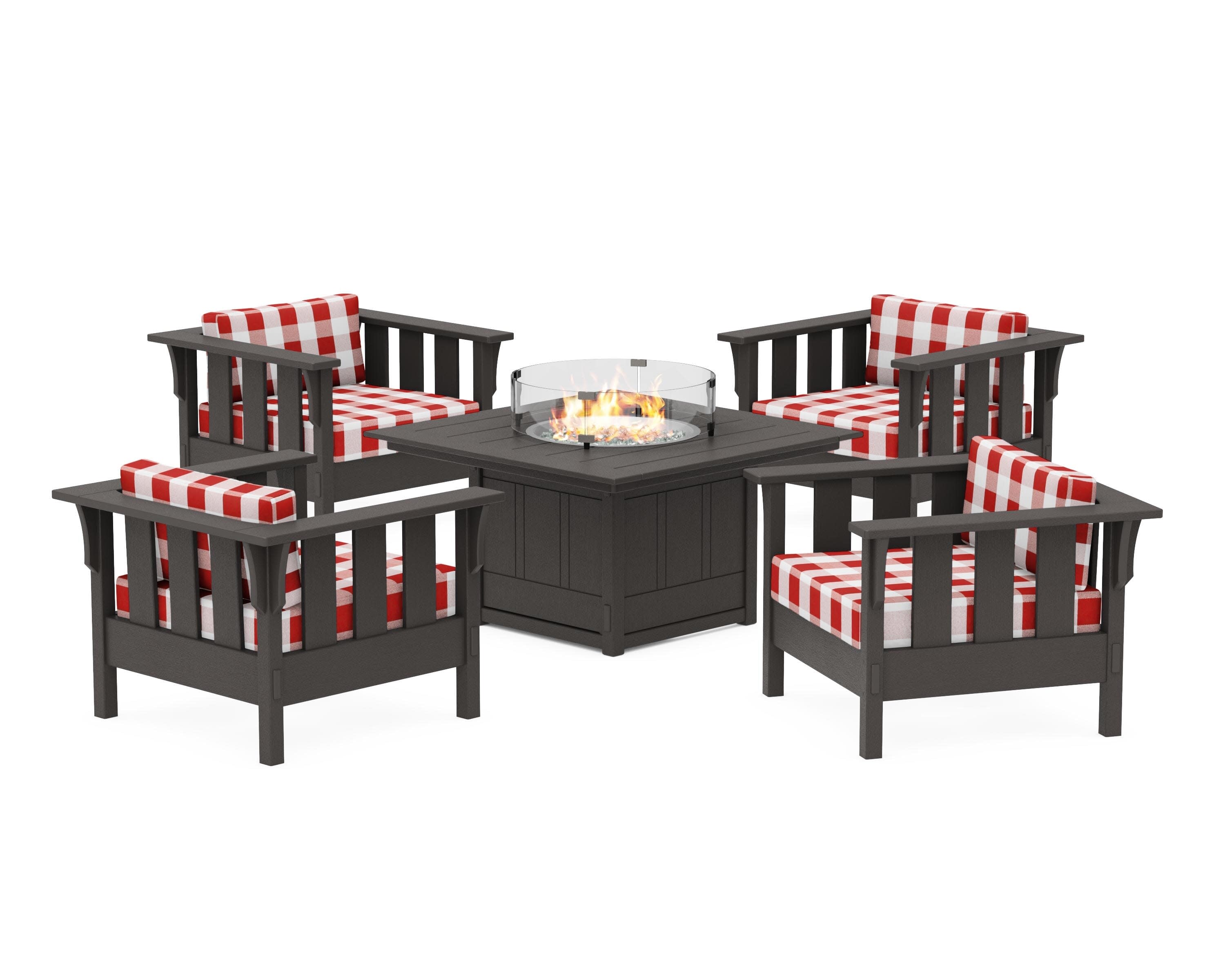 Acadia 5-Piece Deep Seating Set with Fire Pit Table in Vintage Coffee / Buffalo Plaid Crimson