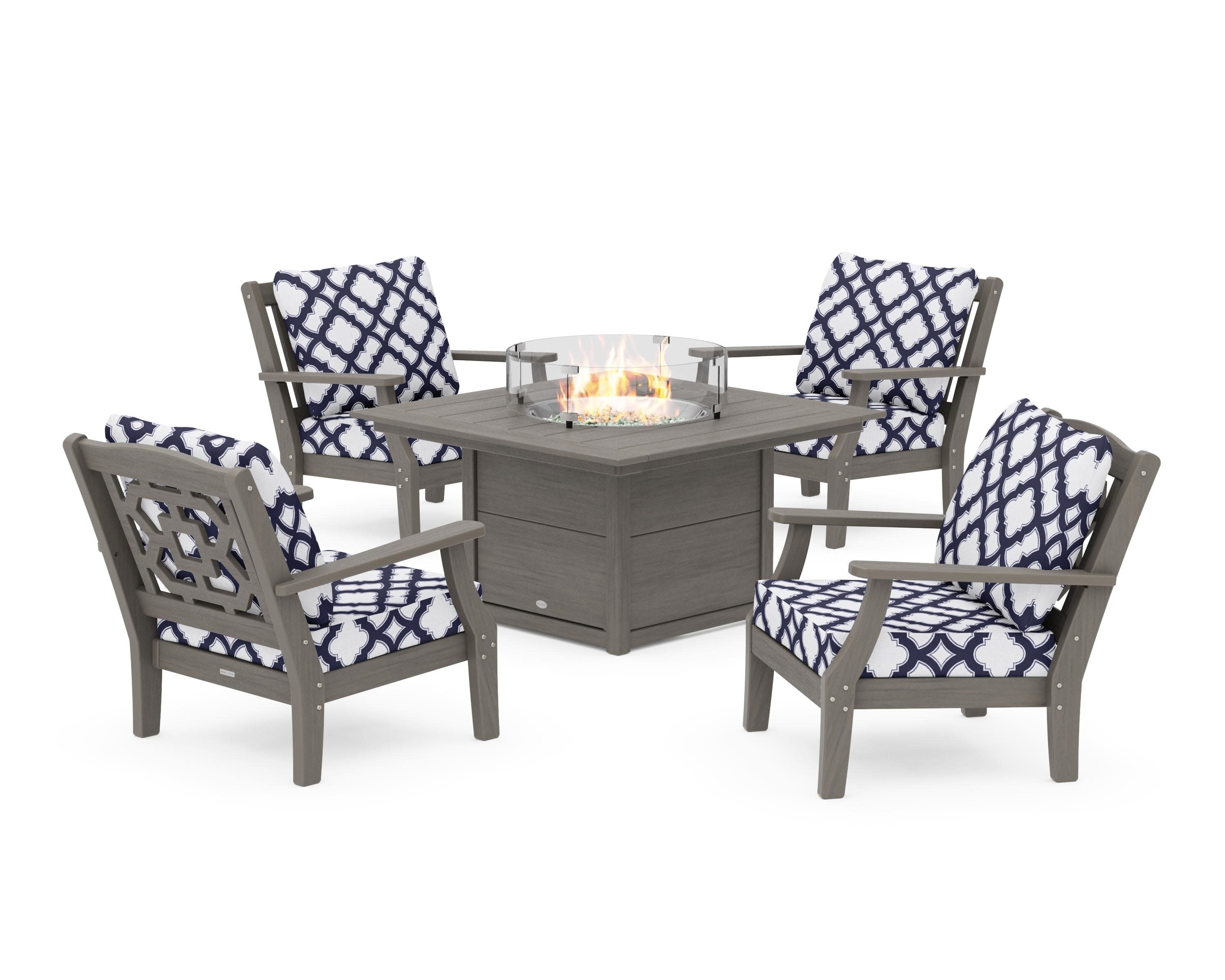 Chinoiserie 5-Piece Deep Seating Set with Fire Pit Table in Driftwood / Trellis Navy