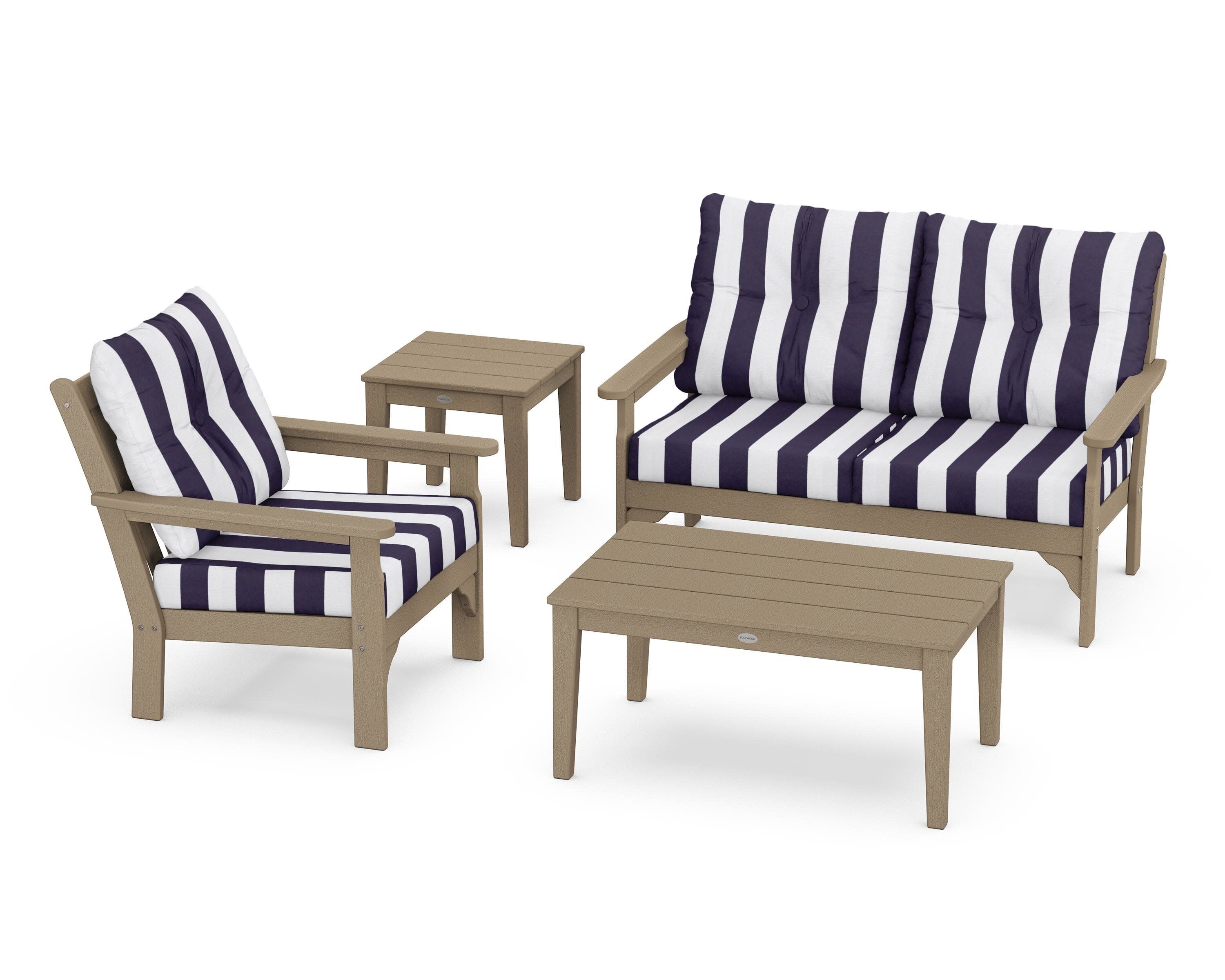 Vineyard 4-Piece Deep Seating Set in Vintage Sahara / Cabana Stripe Navy