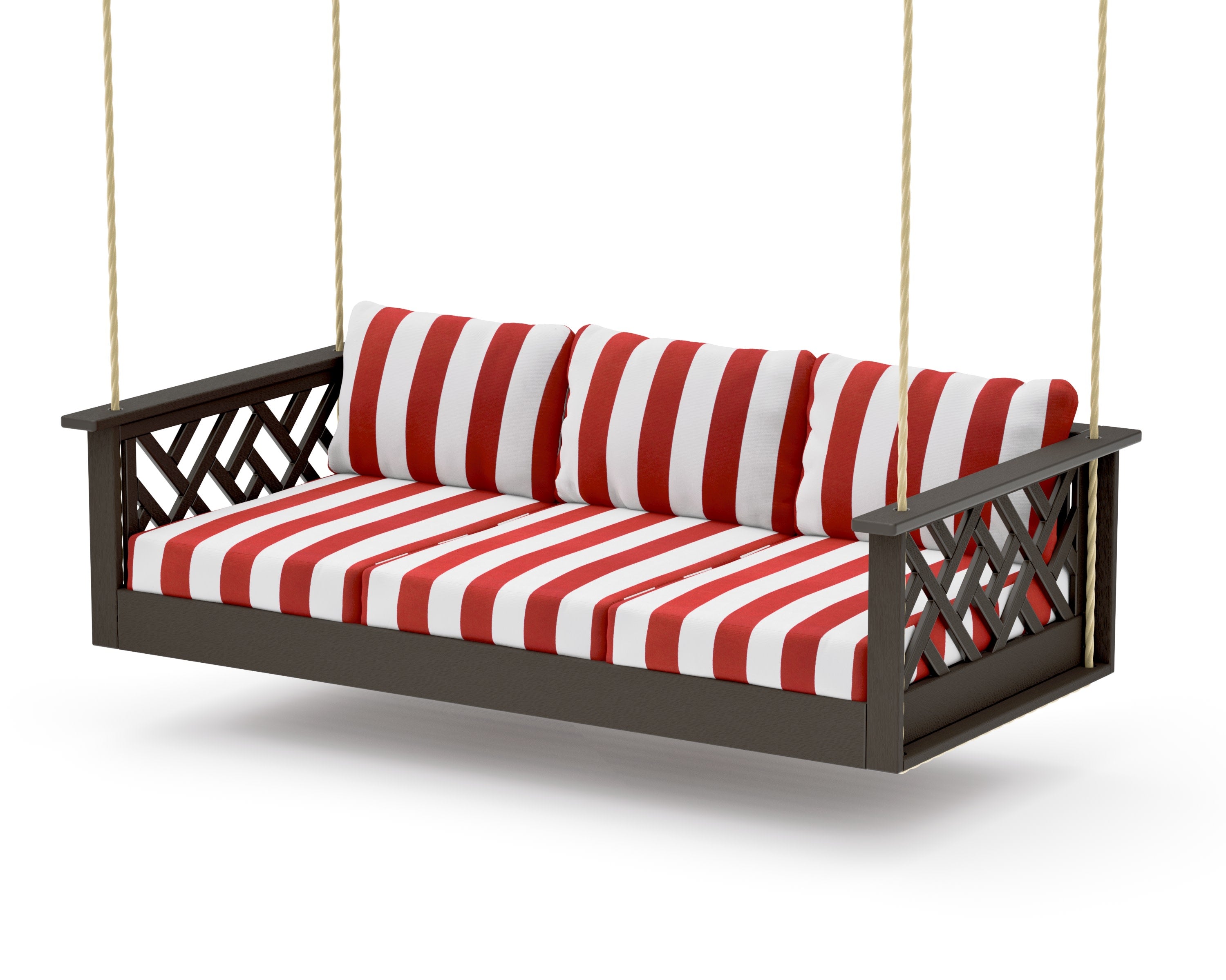 Chippendale Daybed Swing in Vintage Coffee / Cabana Stripe Crimson