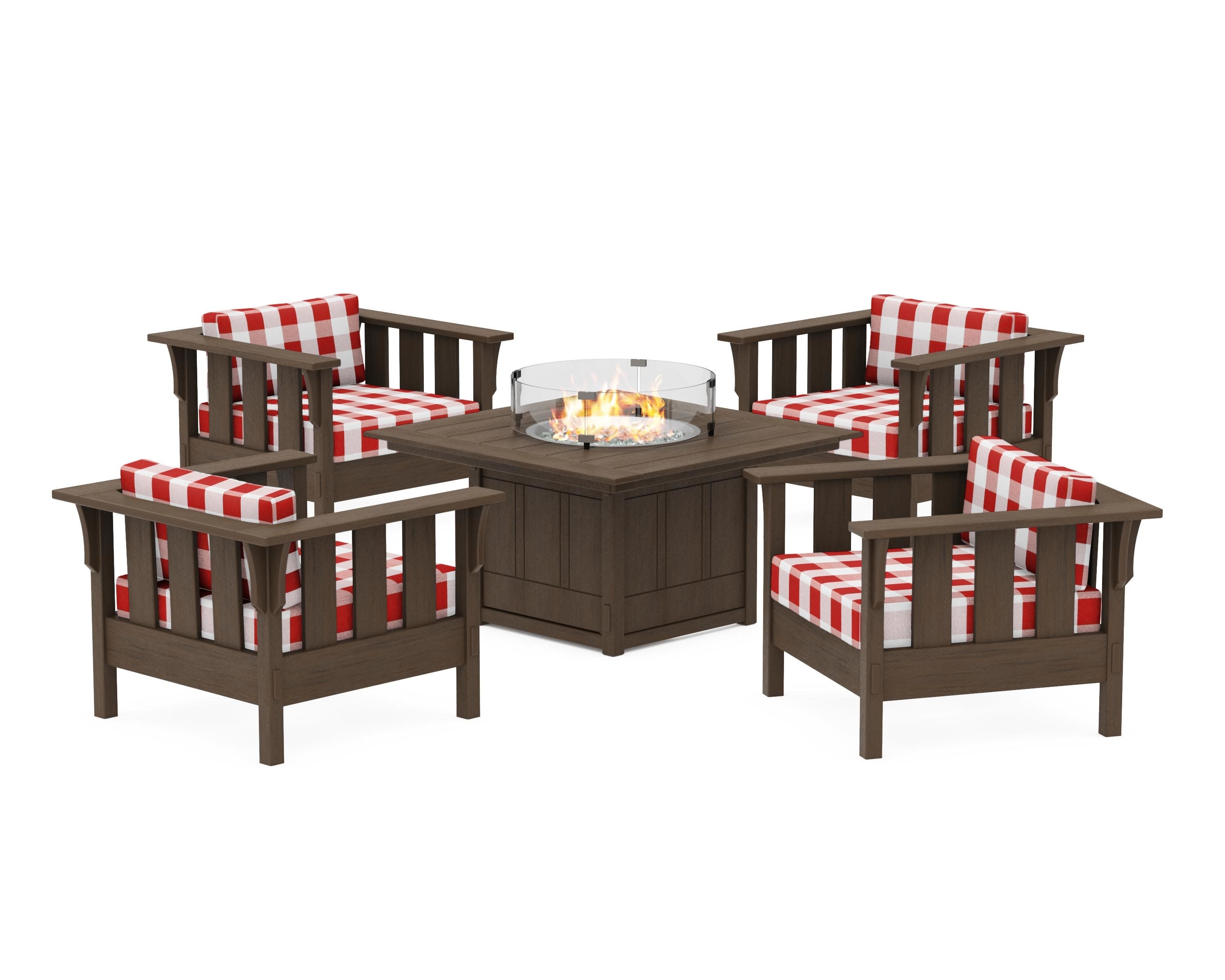 Acadia 5-Piece Deep Seating Set with Fire Pit Table in Kona / Buffalo Plaid Crimson
