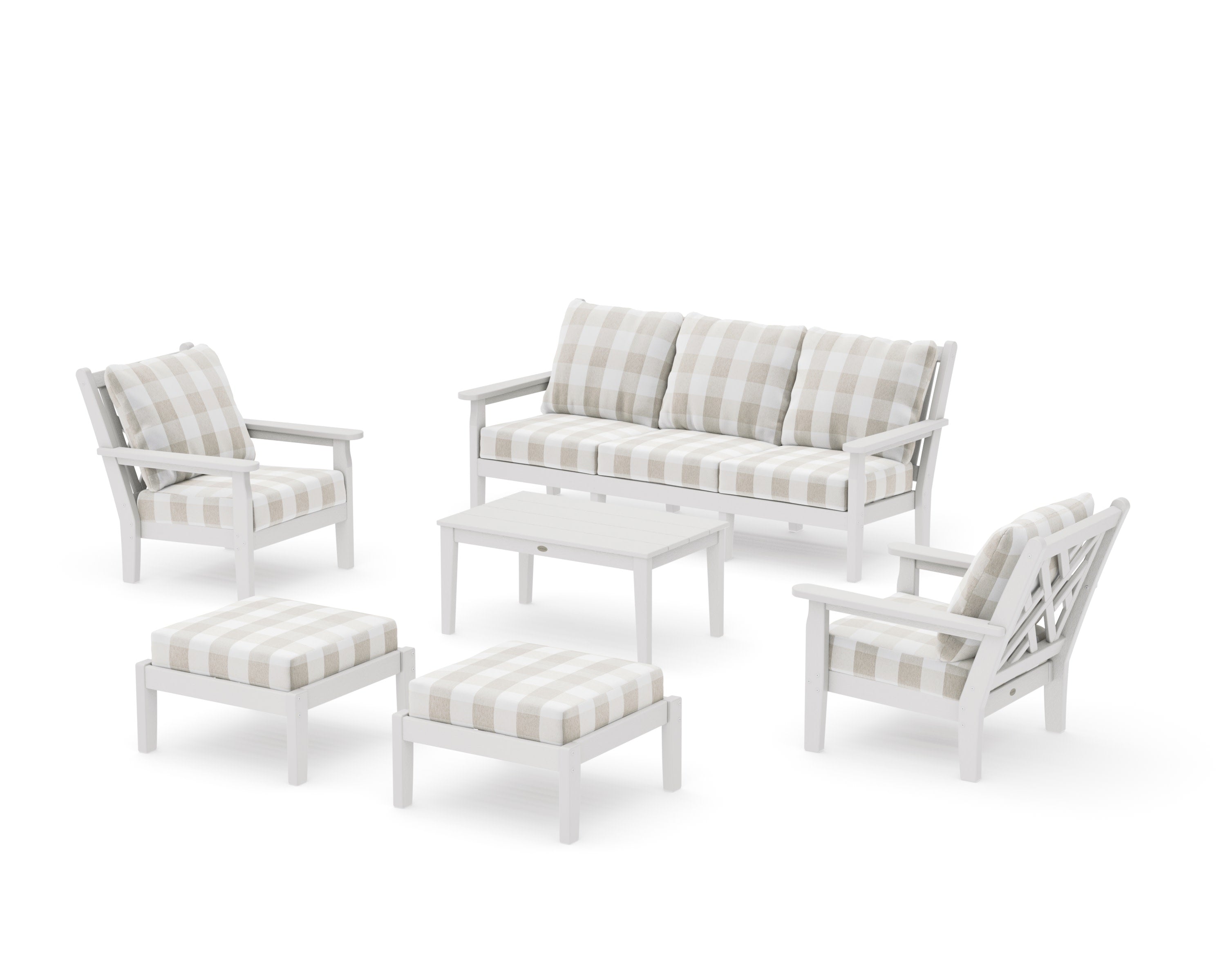 Chippendale 6-Piece Lounge Sofa Set in Vintage White / Buffalo Plaid Dune Burlap