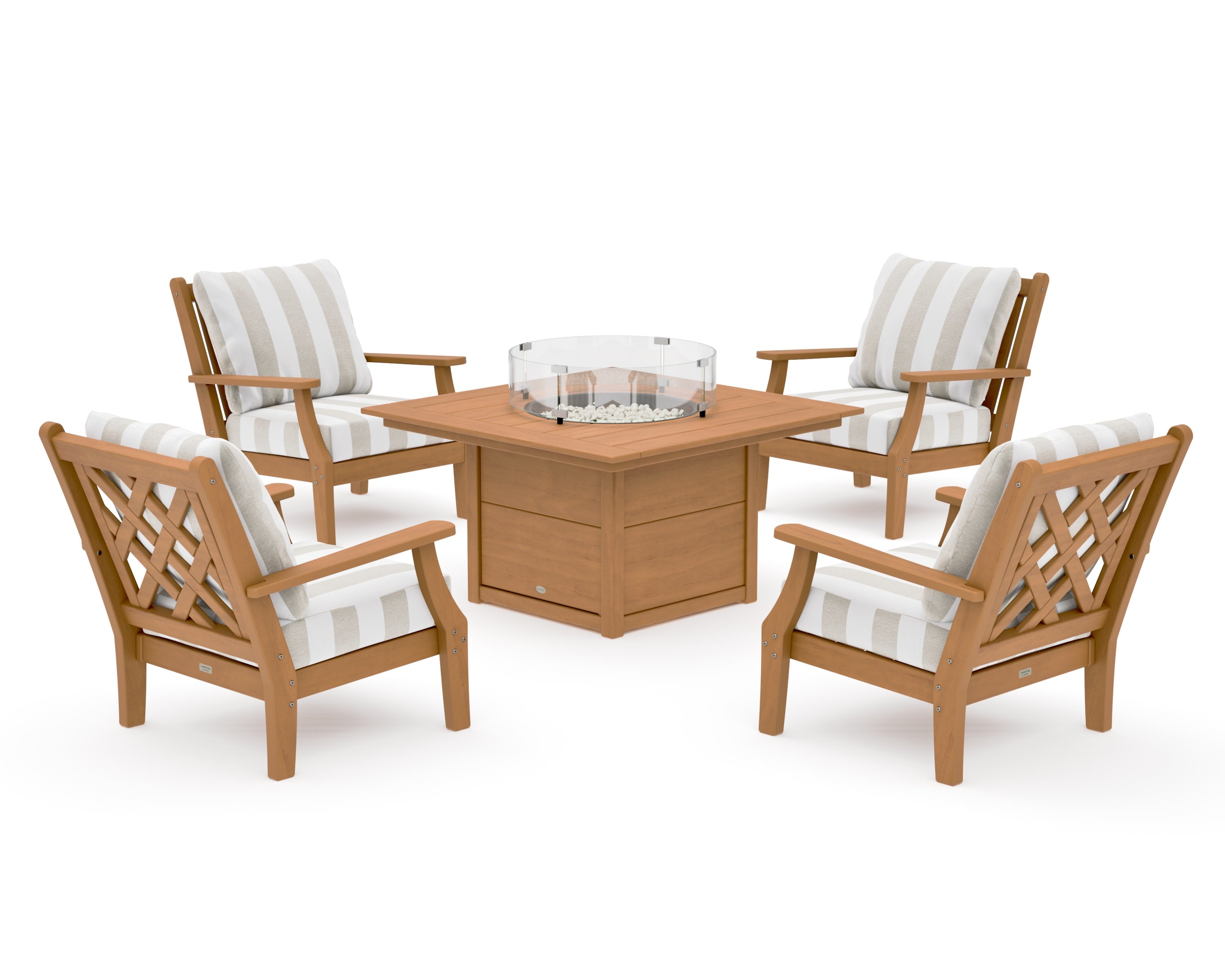 Wovendale 5-Piece Deep Seating Set with Fire Pit Table in Natural / Cabana Stripe Dune Burlap