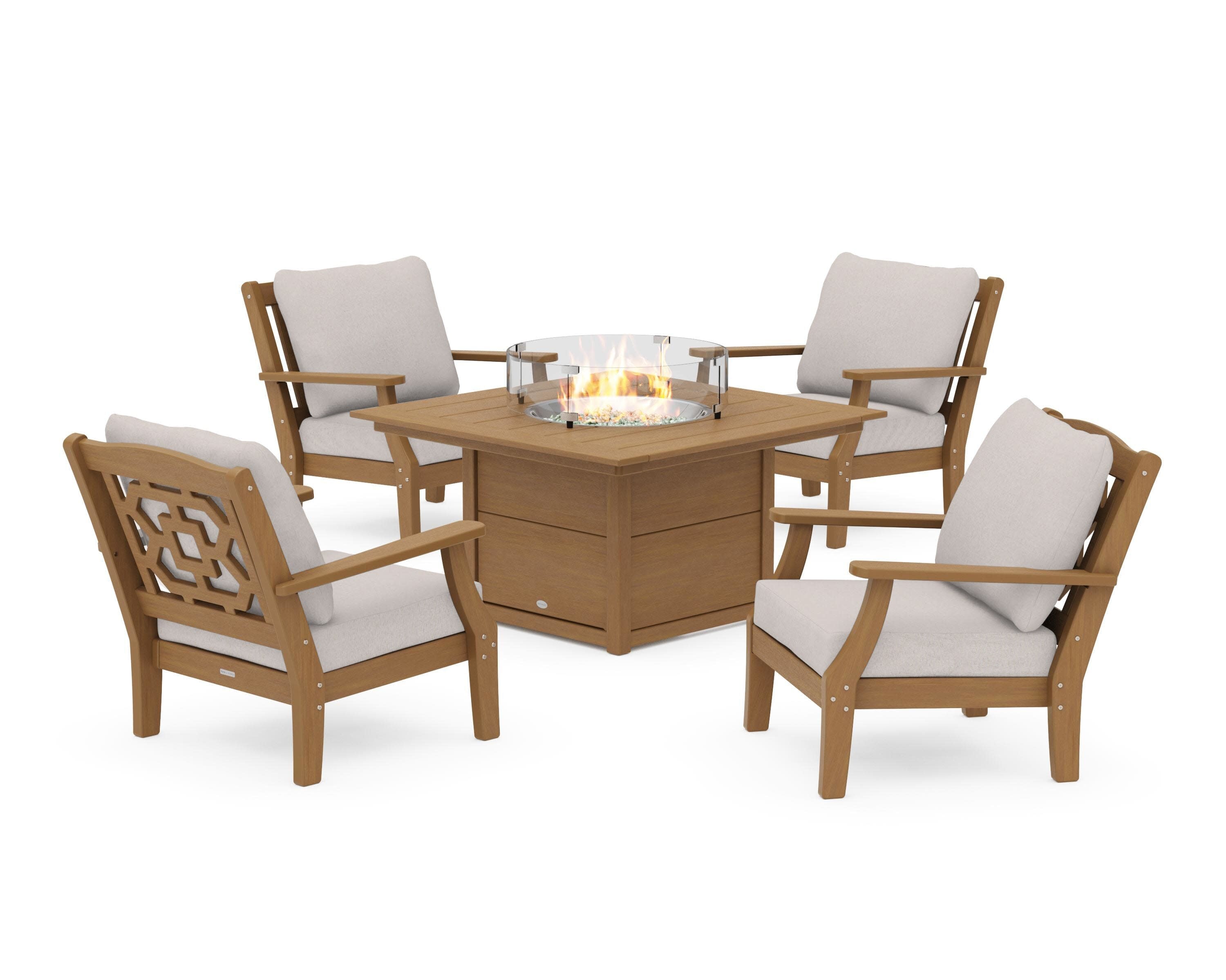Chinoiserie 5-Piece Deep Seating Set with Fire Pit Table in Natural / Dune Burlap