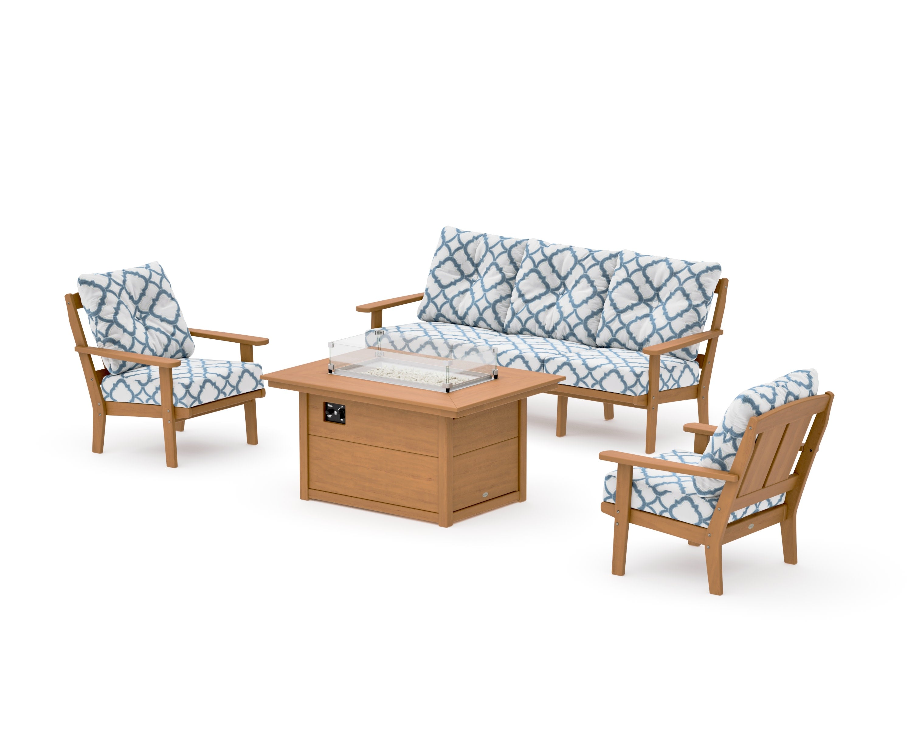 Mission Deep Seating Fire Pit Table Set in Natural / Trellis Sky Blue