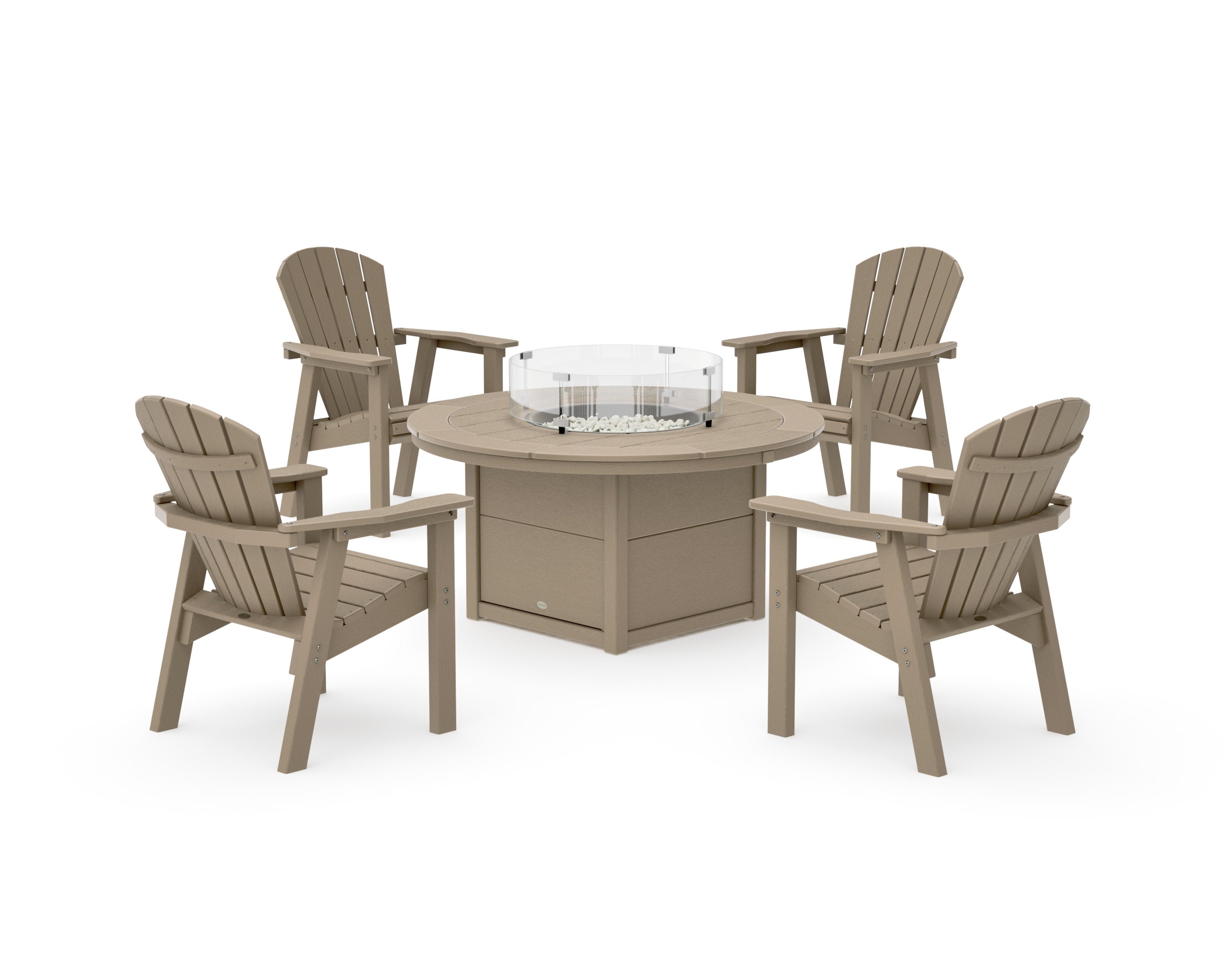 Seashell 4-Piece Upright Adirondack Conversation Set with Fire Pit Table in Vintage Sahara