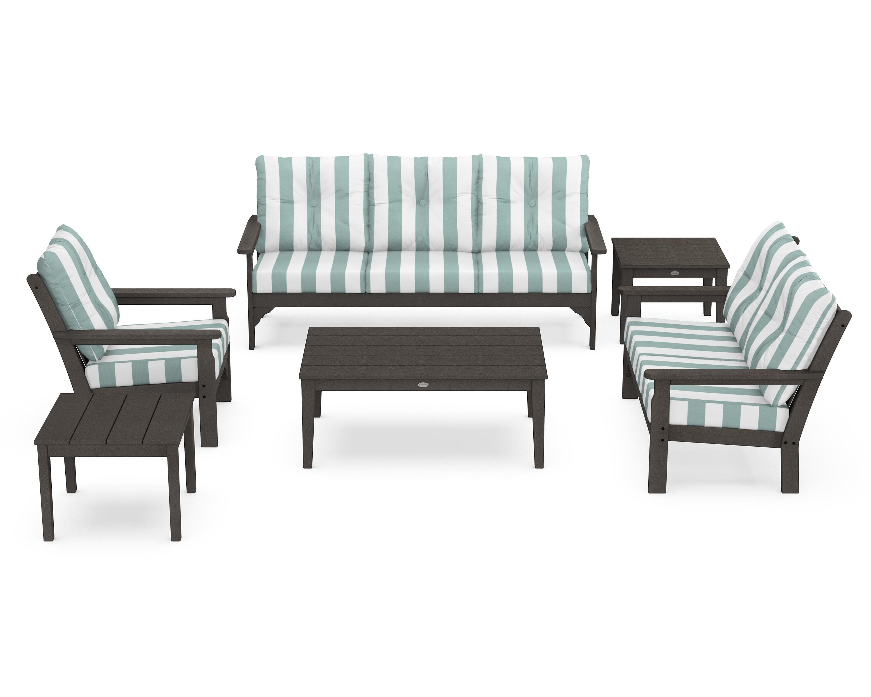 Vineyard 6-Piece Deep Seating Set in Vintage Coffee / Cabana Stripe Glacier Spa