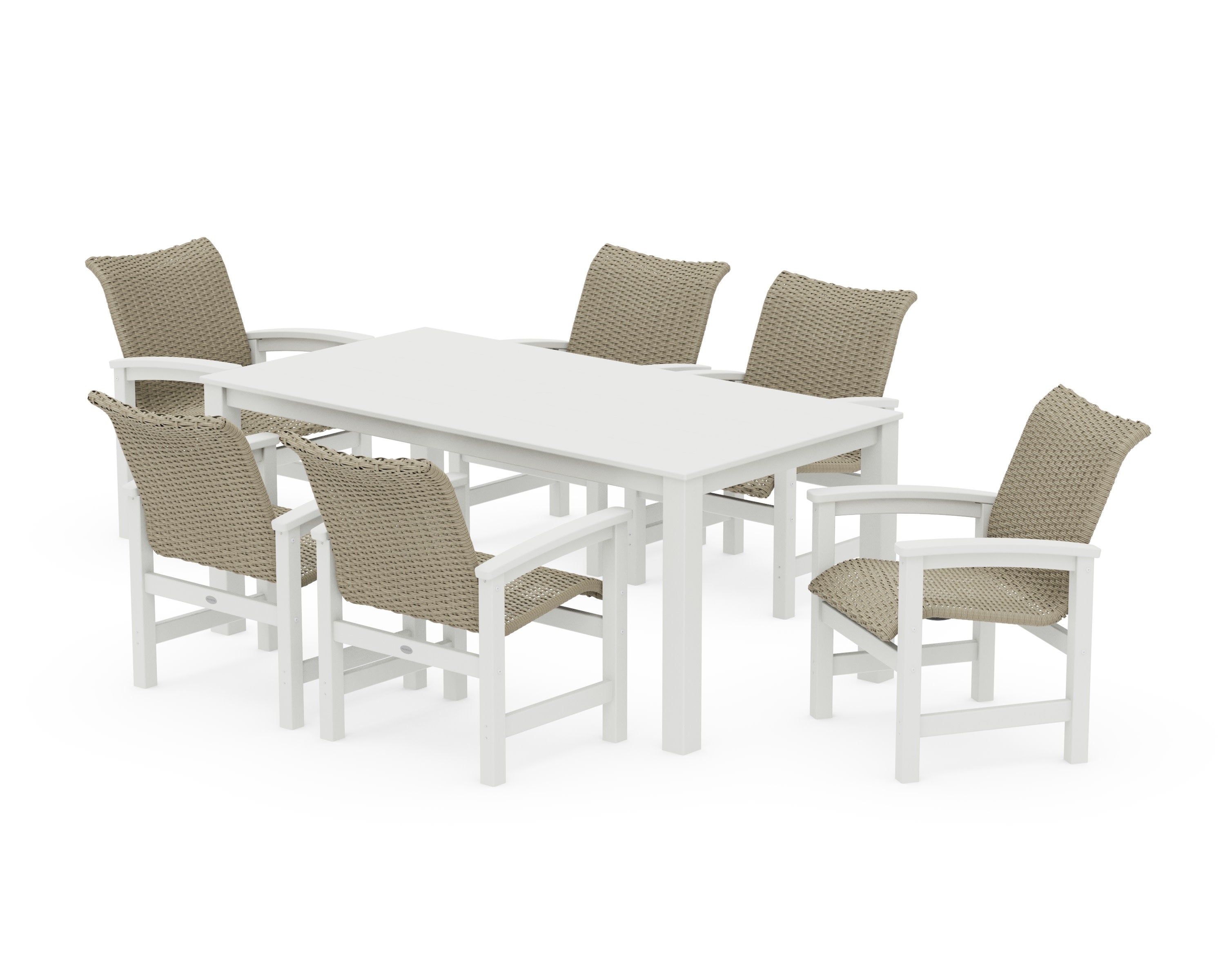 Coastal Woven Arm Chair 7-Piece Parsons Dining Set in Vintage White / Dune Grass
