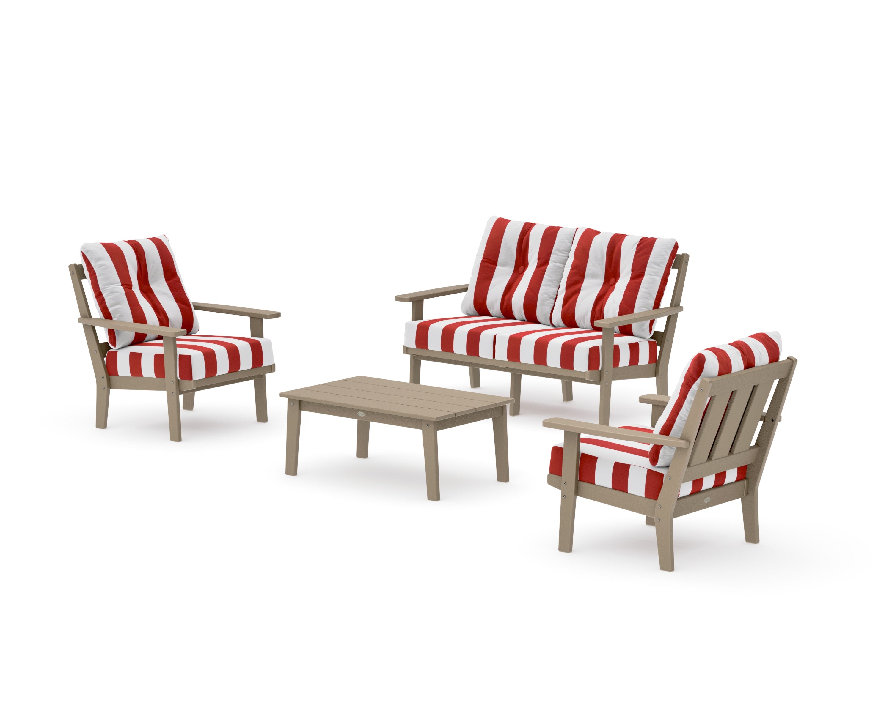 Oxford 4-Piece Deep Seating Set with Loveseat in Vintage Sahara / Cabana Stripe Crimson