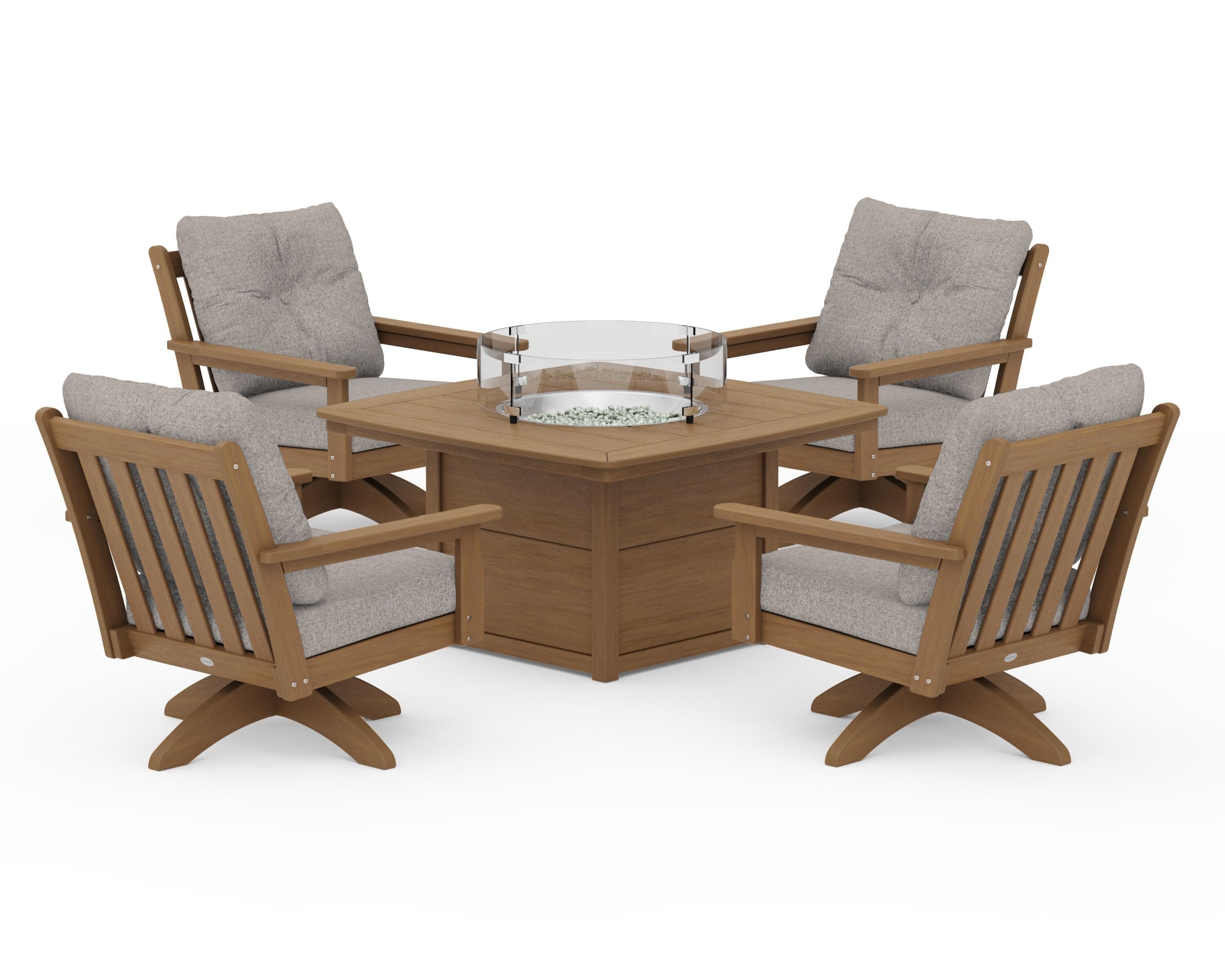 Vineyard 5-Piece Deep Seating Swivel Conversation Set with Fire Pit Table in Natural / Weathered Tweed