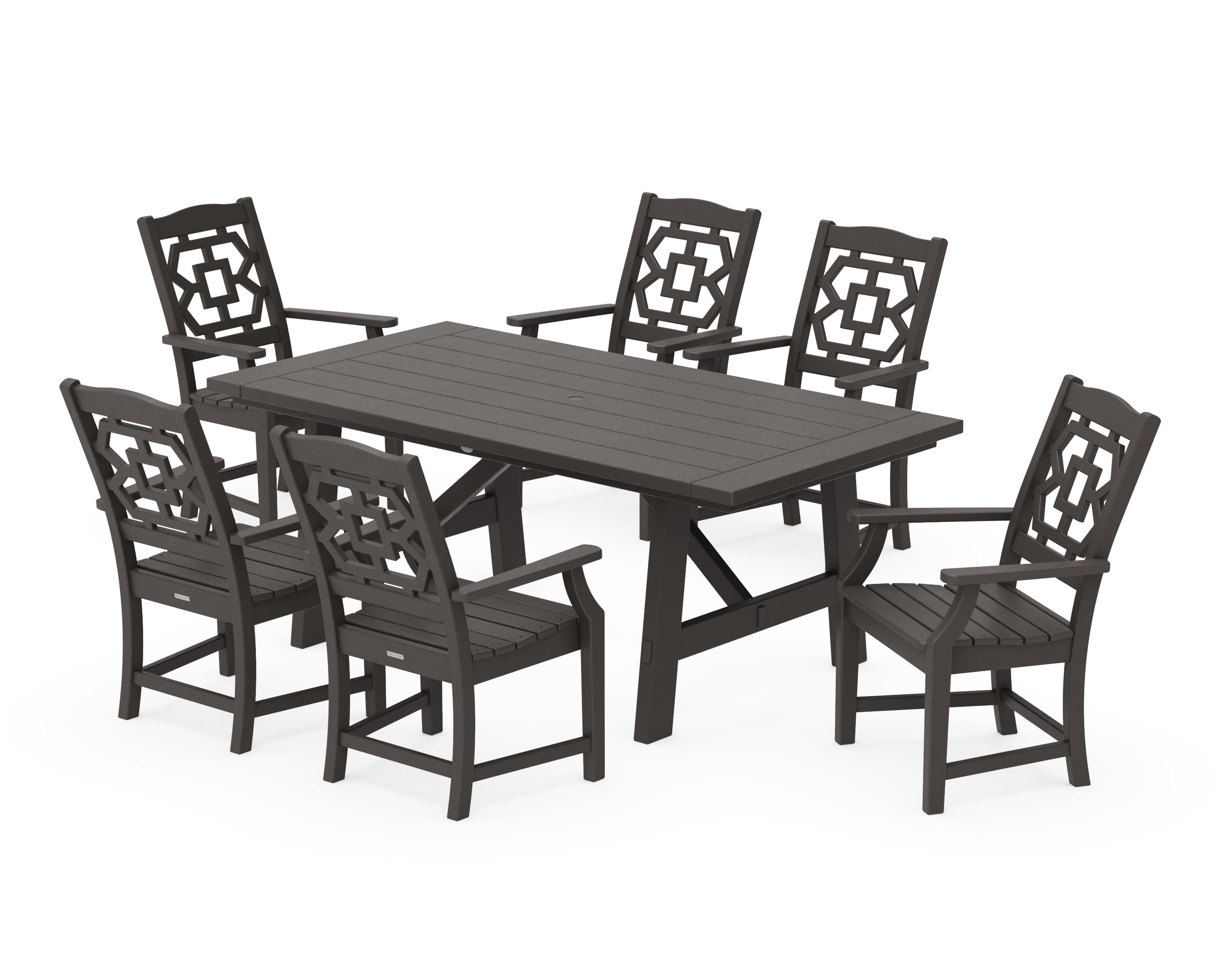 Chinoiserie Arm Chair 7-Piece Rustic Farmhouse Dining Set in Vintage Coffee