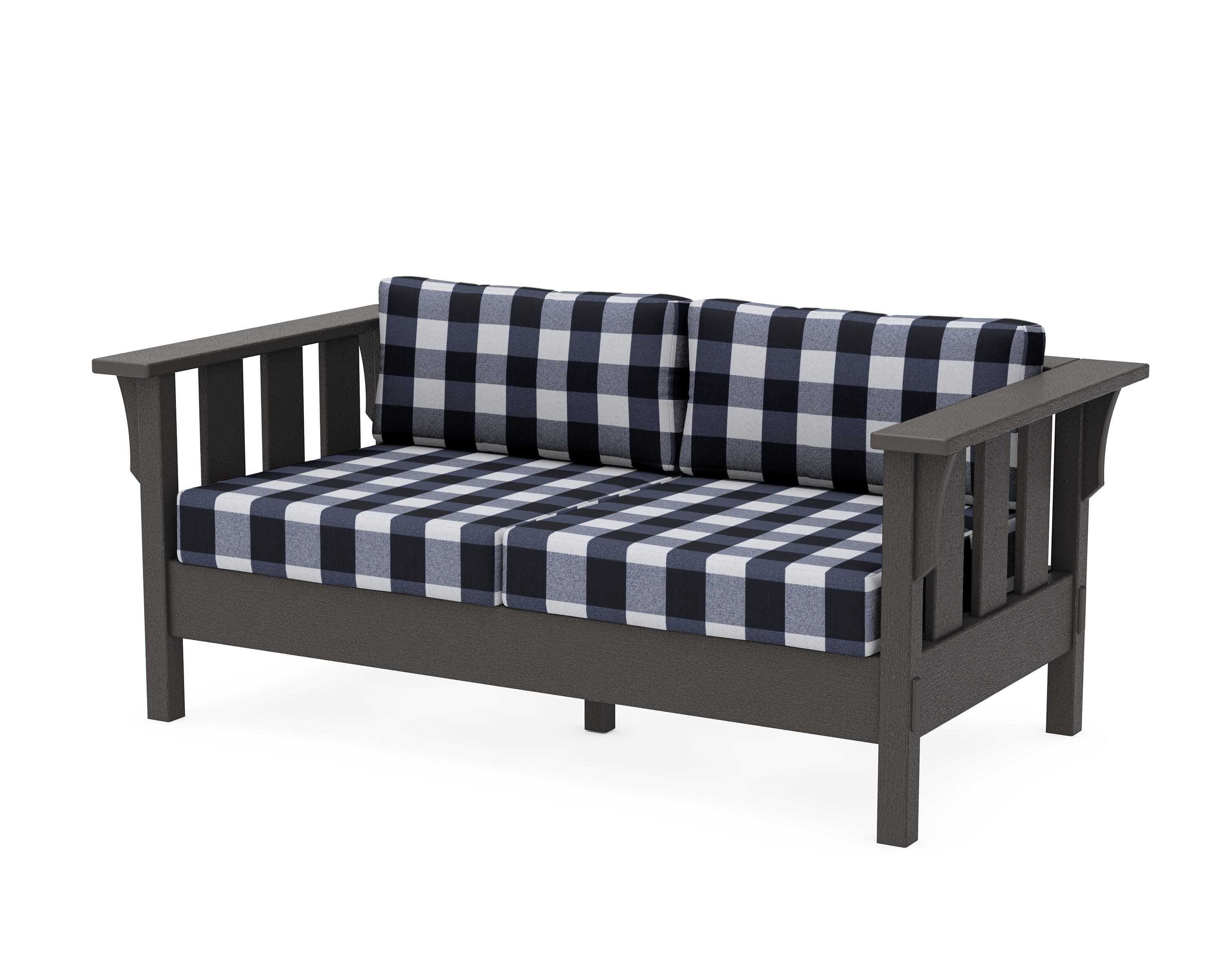 Acadia Deep Seating Loveseat in Vintage Coffee / Buffalo Plaid Marine Indigo