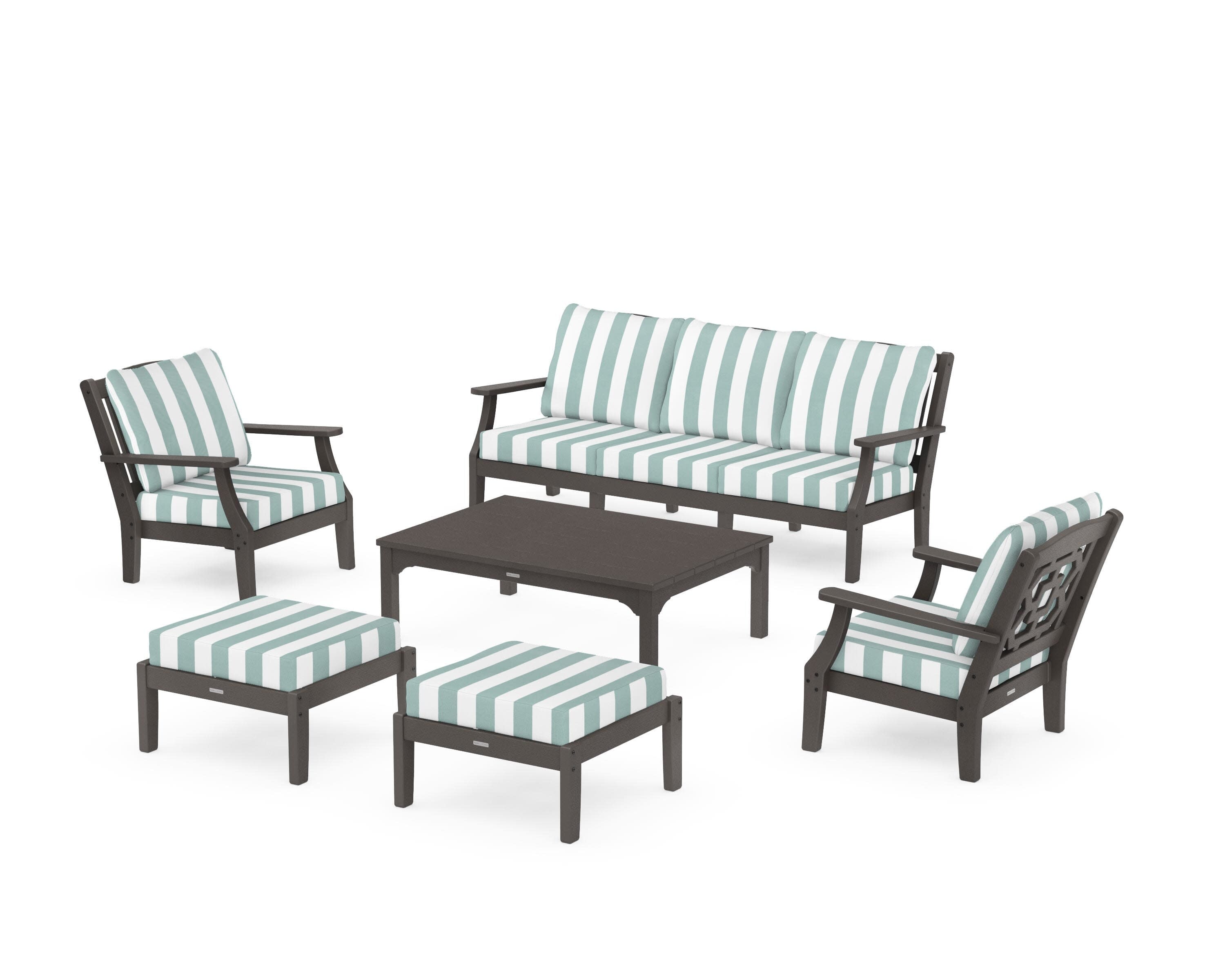 Chinoiserie 6-Piece Lounge Sofa Set in Vintage Coffee / Cabana Stripe Glacier Spa