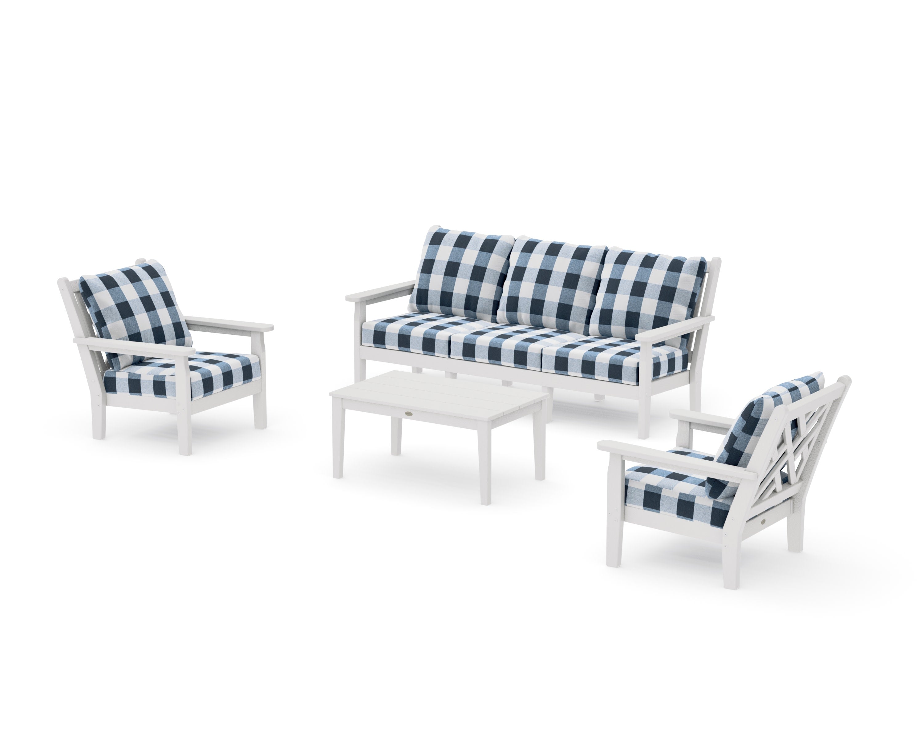 Chippendale 4-Piece Deep Seating Set with Sofa in Vintage White / Buffalo Plaid Marine Indigo