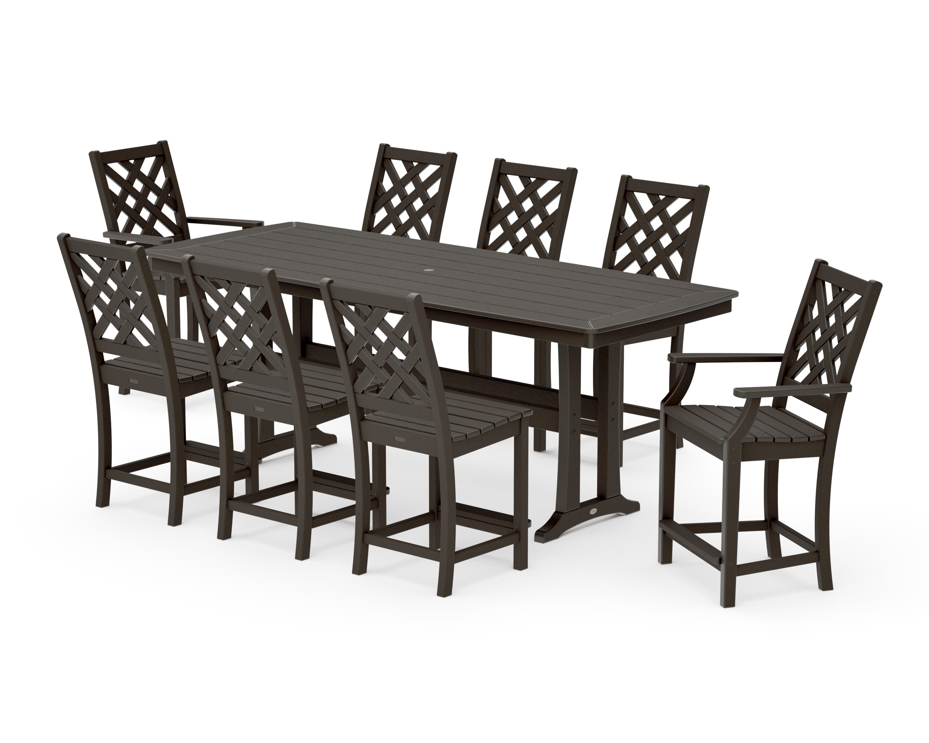 Wovendale 9-Piece Counter Set with Trestle Legs in Vintage Coffee