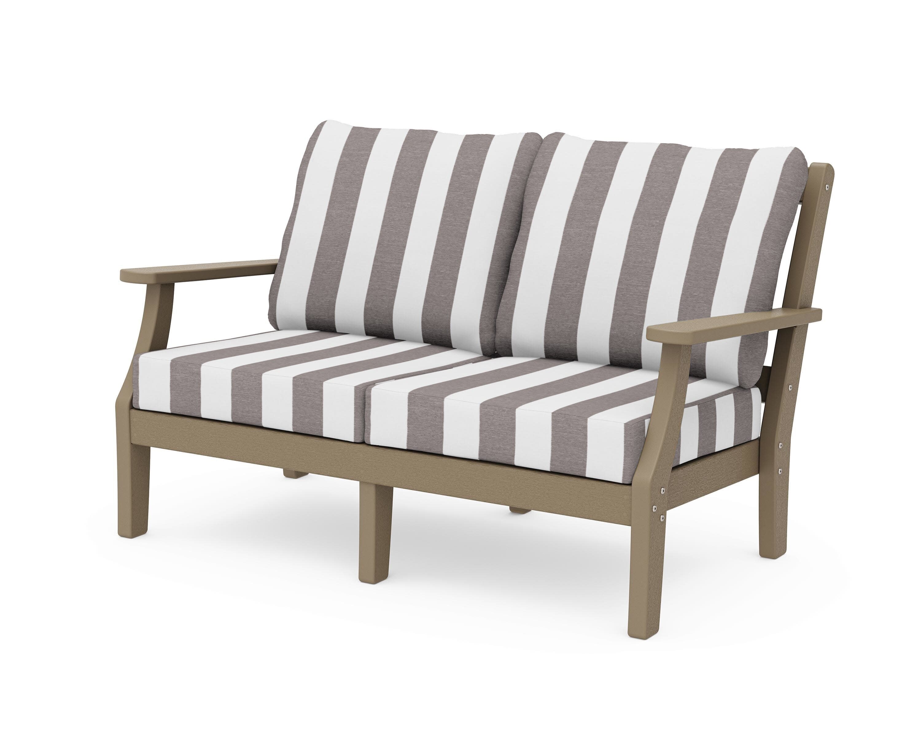 Chinoiserie Deep Seating Loveseat in Vintage Sahara / Cabana Stripe Grey Mist