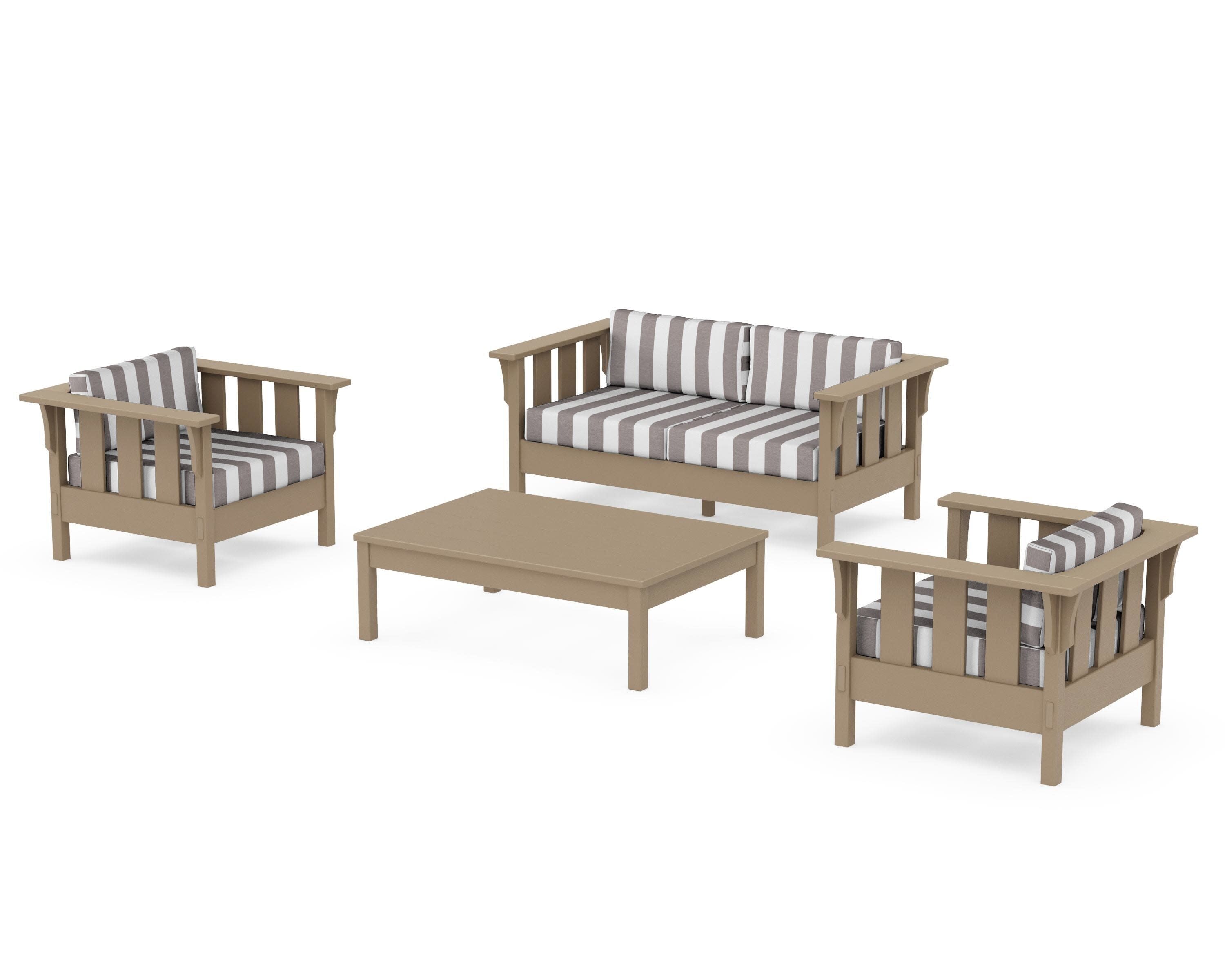 Acadia 4-Piece Deep Seating Set with Loveseat in Vintage Sahara / Cabana Stripe Grey Mist