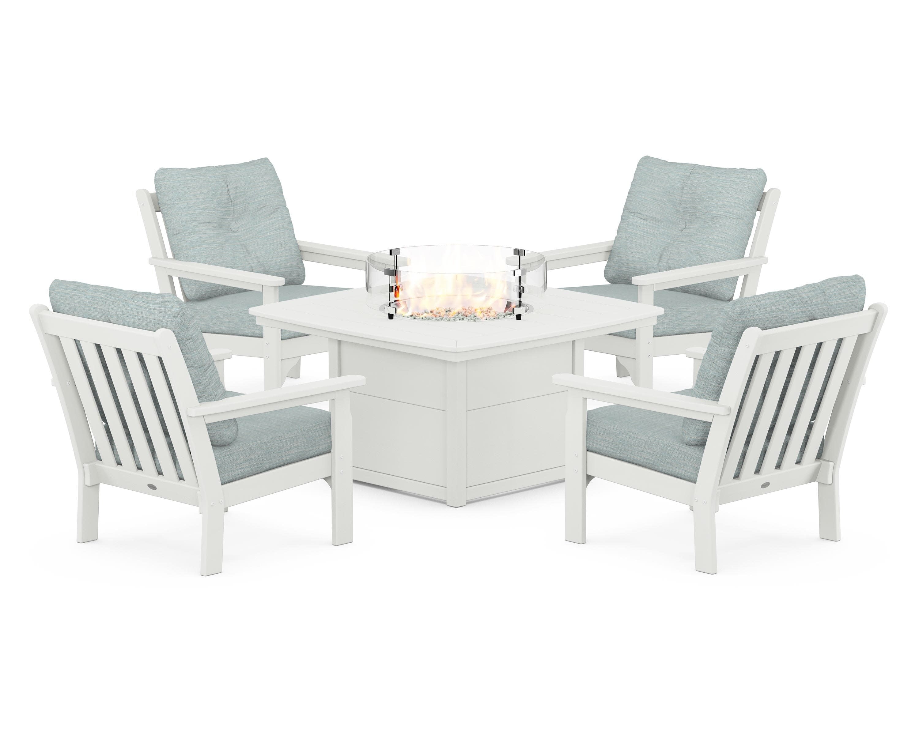 Vineyard 5-Piece Conversation Set with Fire Pit Table in Vintage White / Soothe Mist