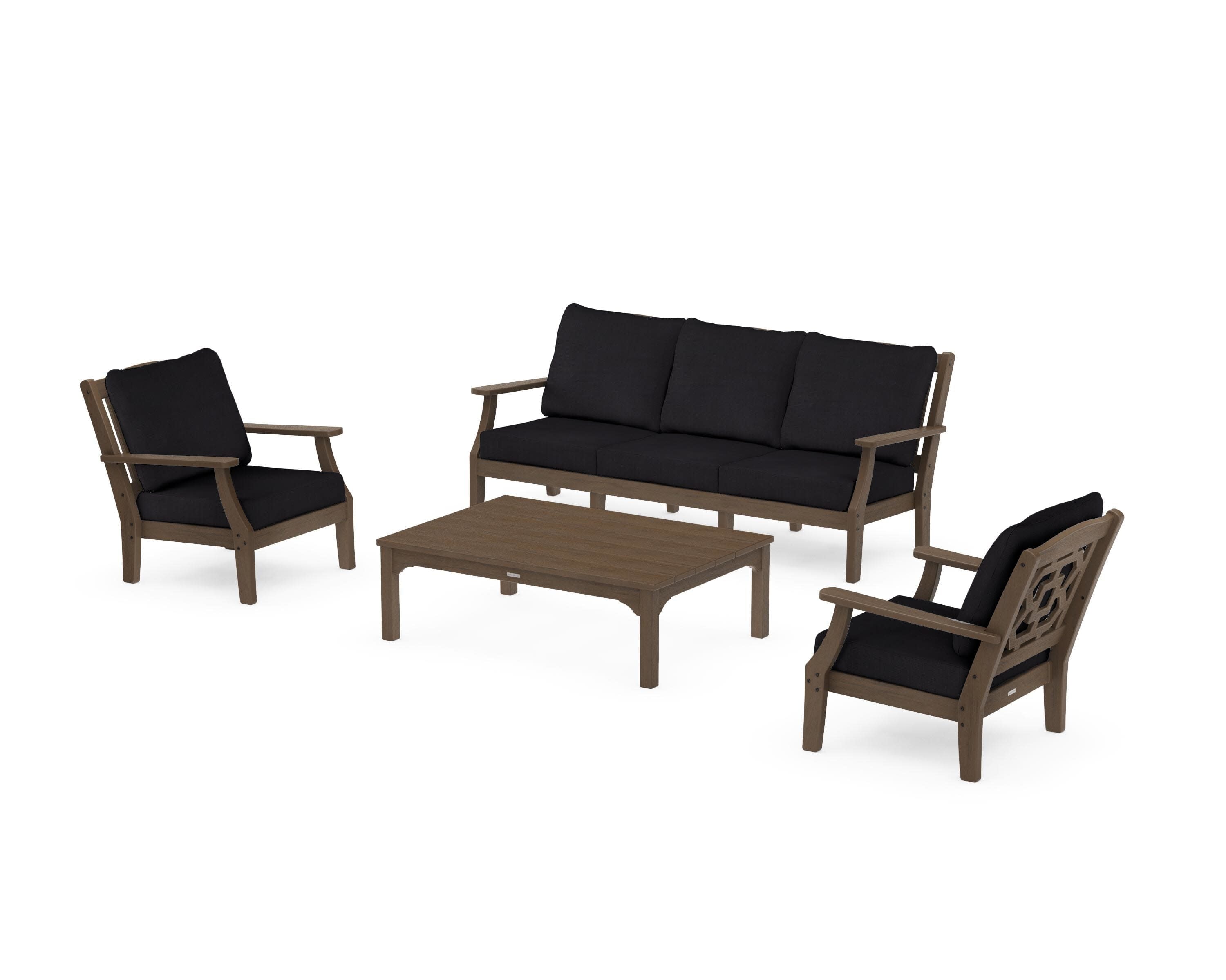 Chinoiserie 4-Piece Deep Seating Set with Sofa in Kona / Midnight Linen