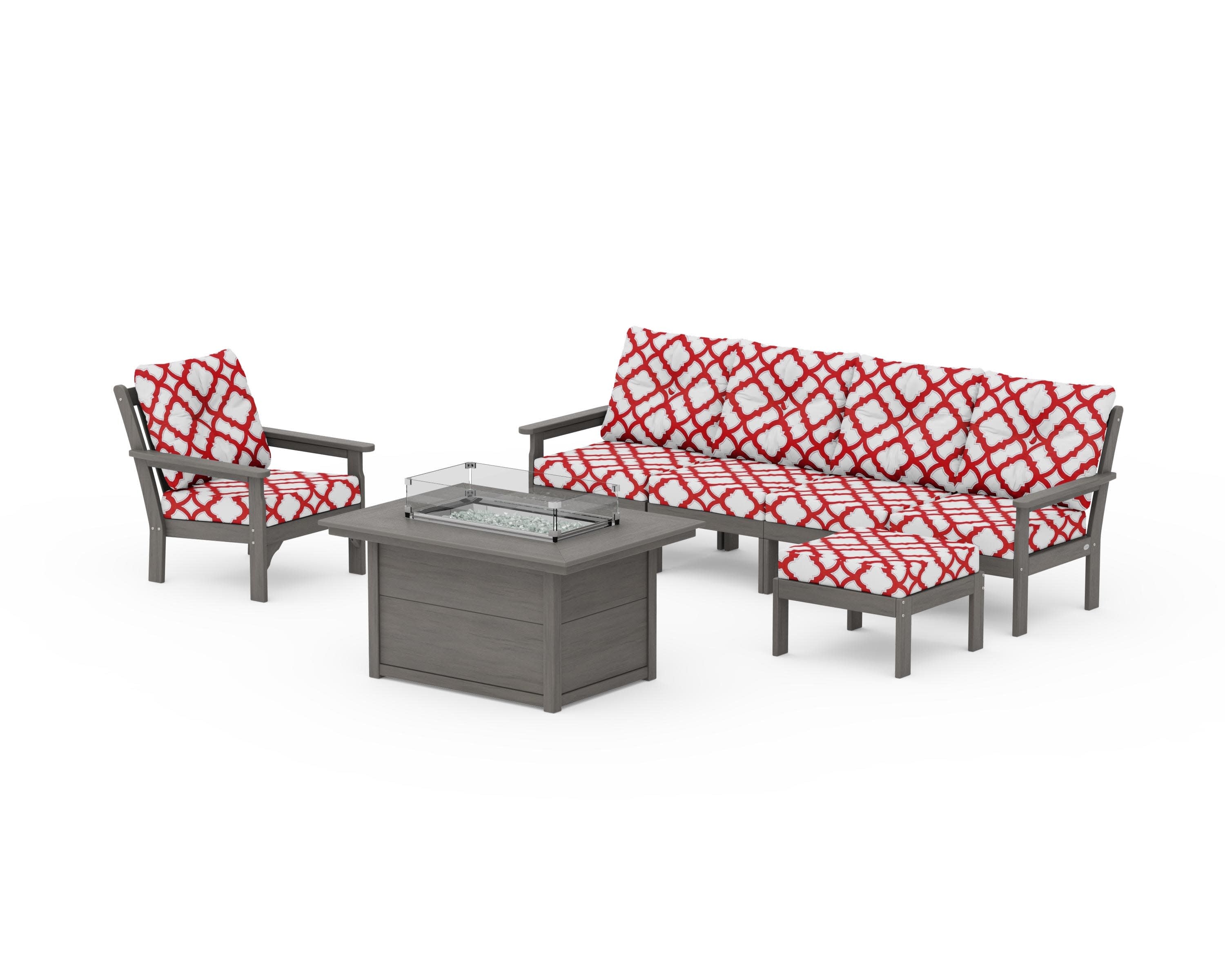 Vineyard Sectional Lounge and Fire Pit Set in Driftwood / Trellis Crimson