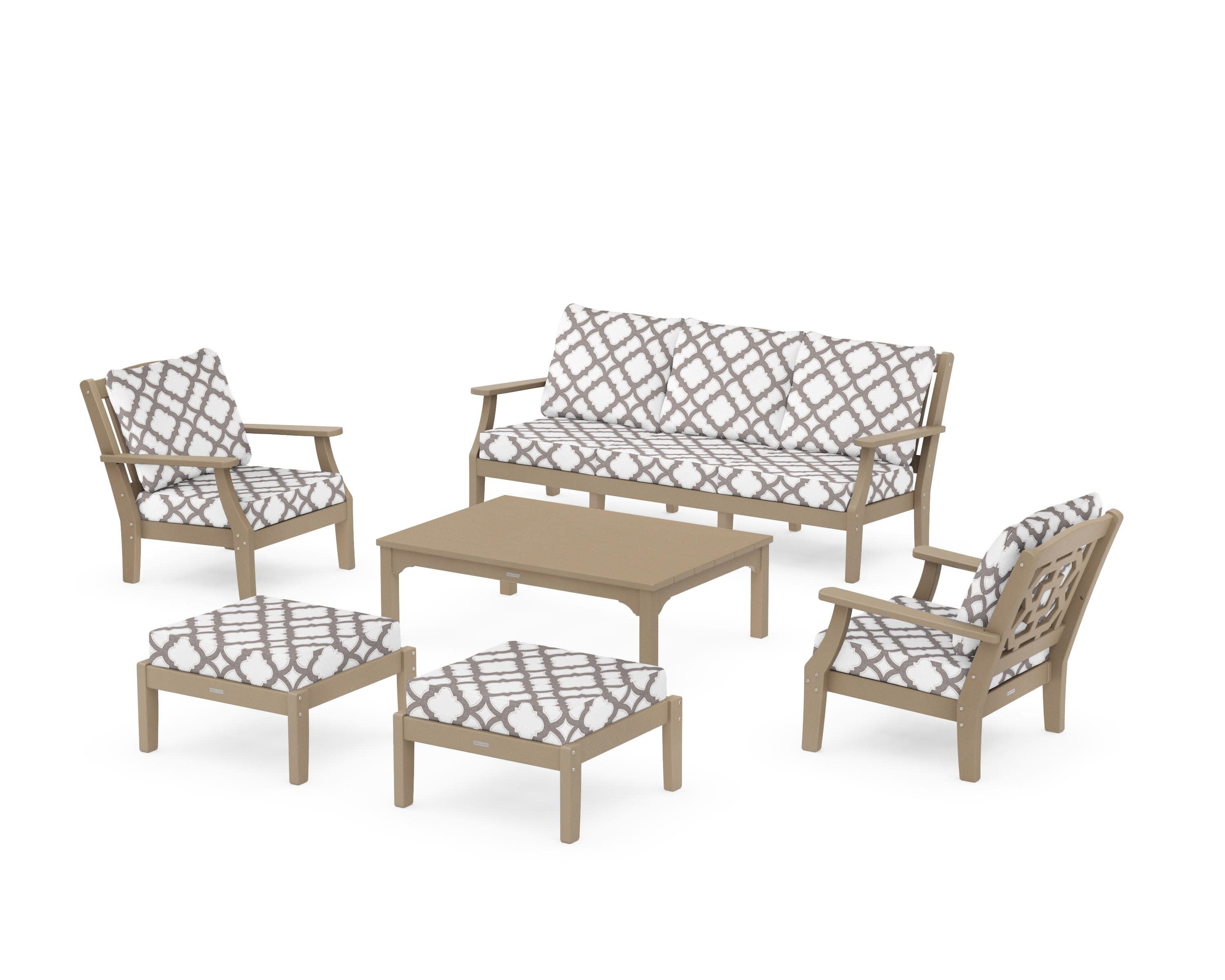 Chinoiserie 6-Piece Lounge Sofa Set in Vintage Sahara / Trellis Grey Mist