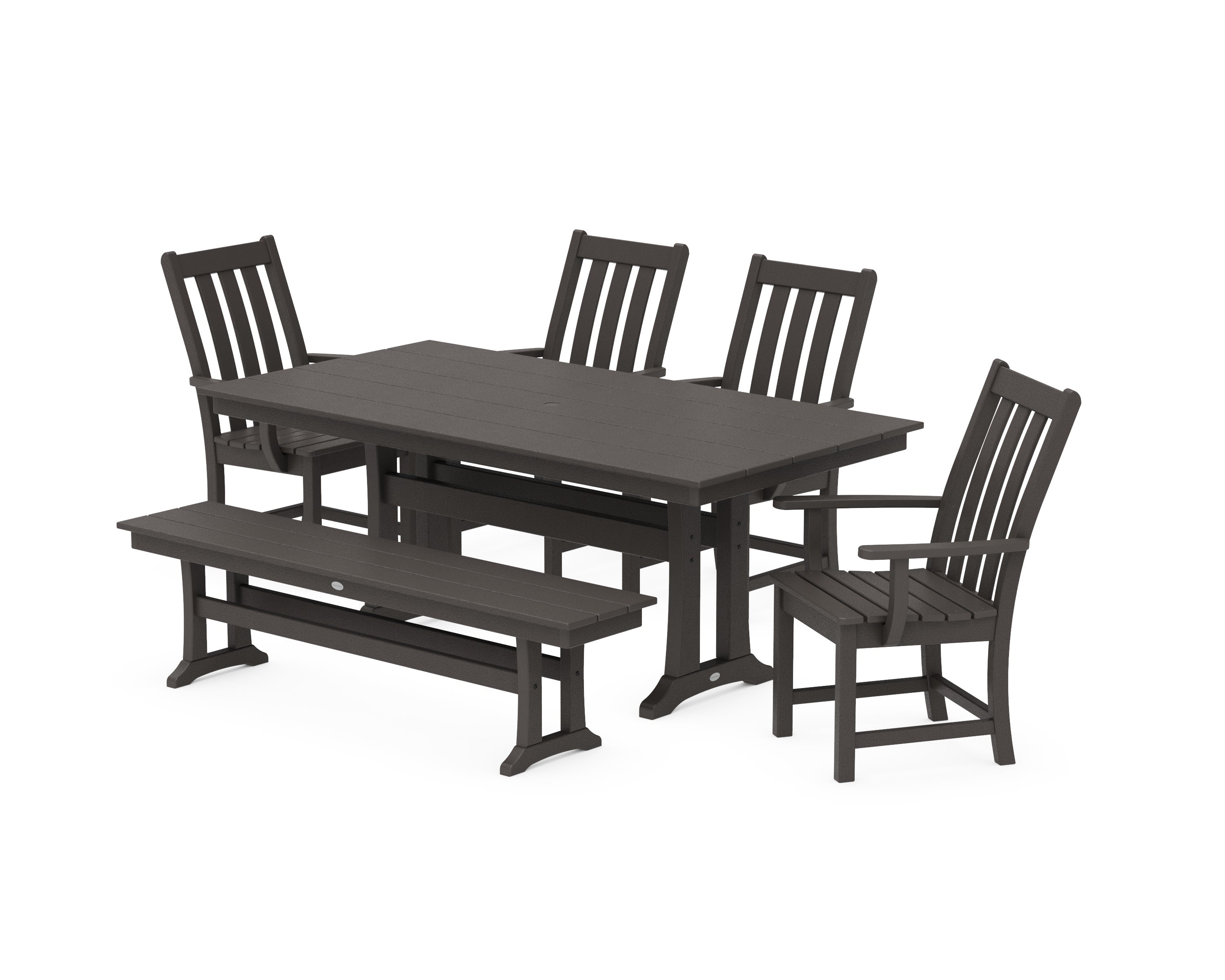 Vineyard 6-Piece Arm Chair Farmhouse Dining Set with Trestle Legs and Bench in Vintage Coffee