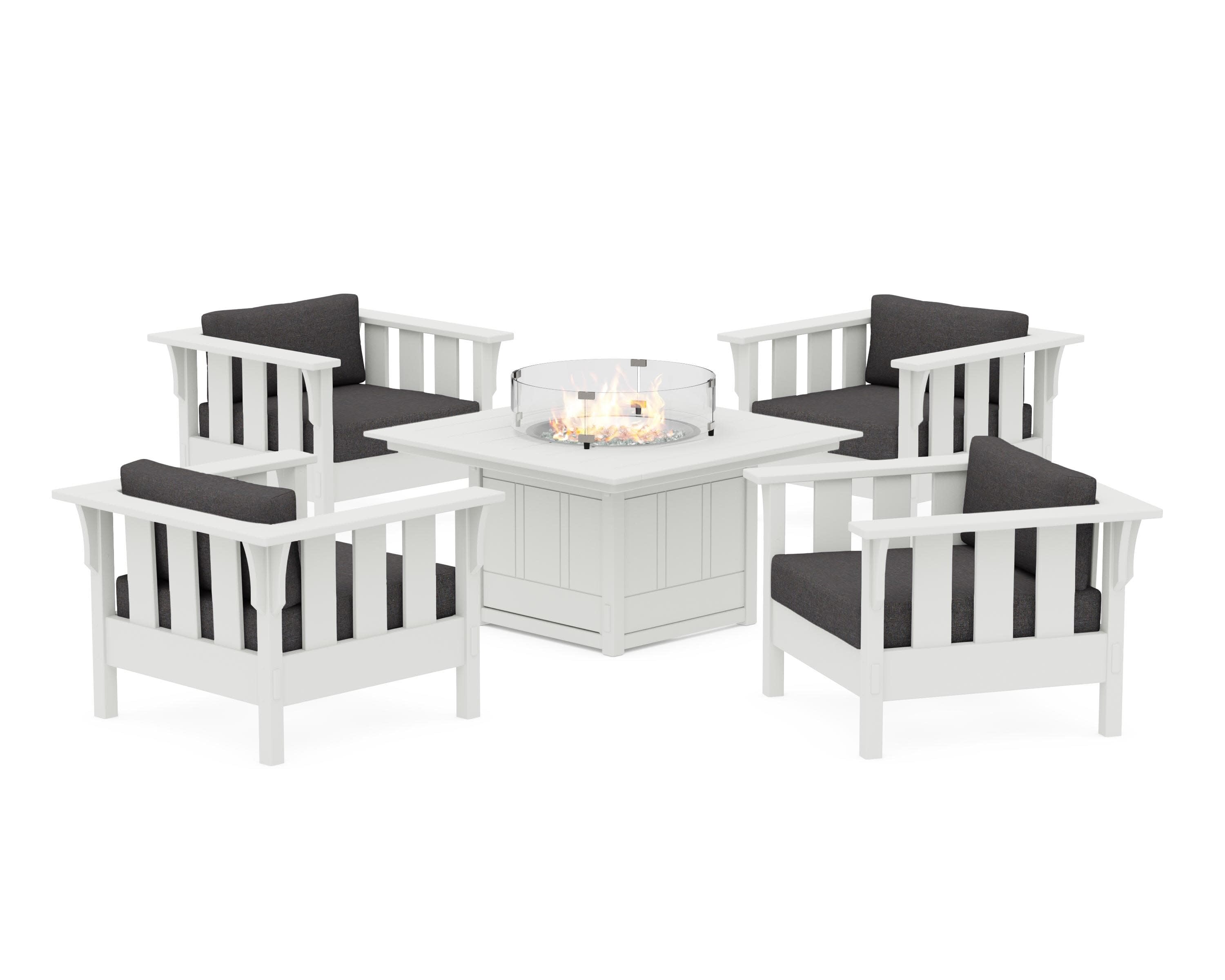 Acadia 5-Piece Deep Seating Set with Fire Pit Table in White / Ash Charcoal