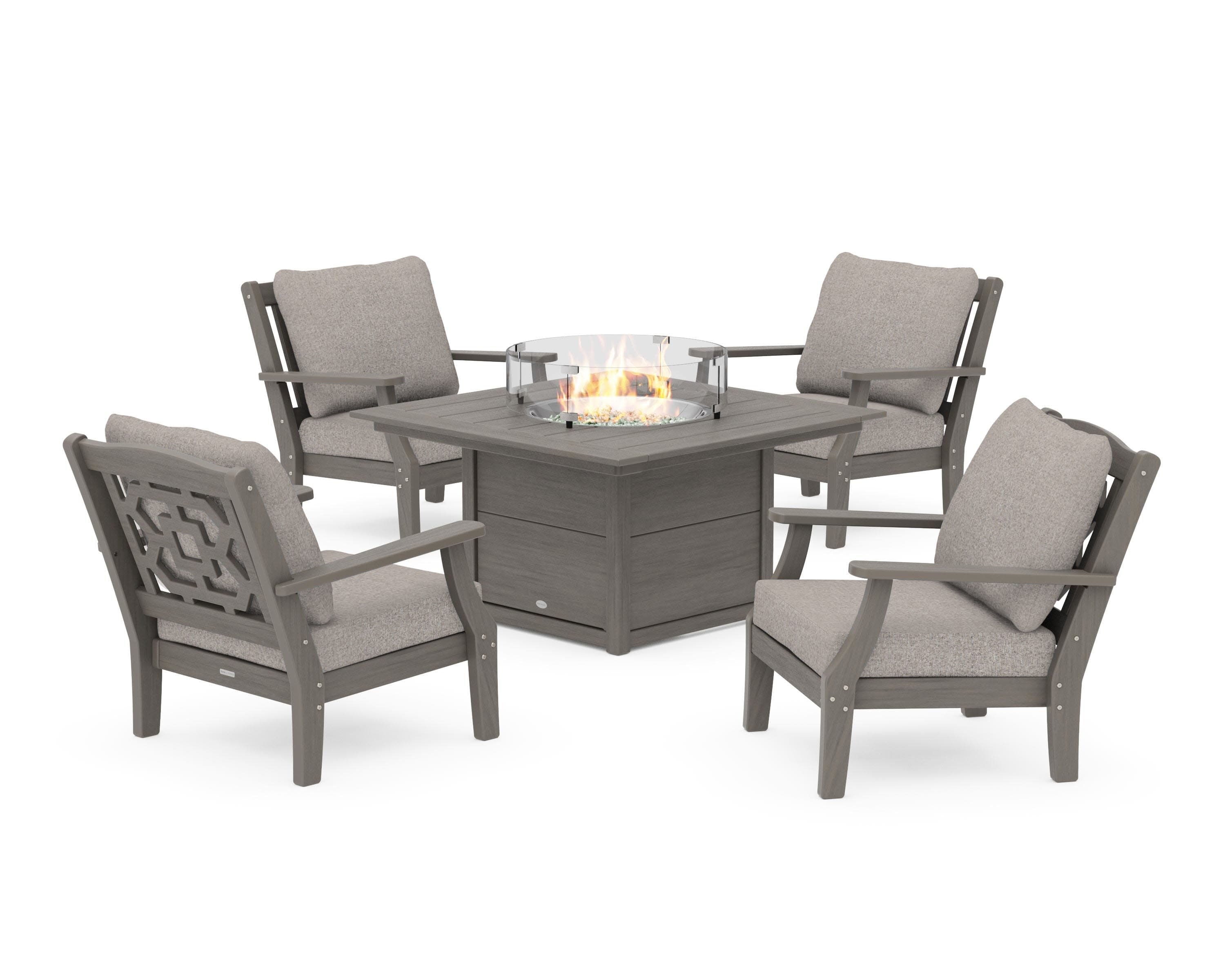 Chinoiserie 5-Piece Deep Seating Set with Fire Pit Table in Driftwood / Weathered Tweed