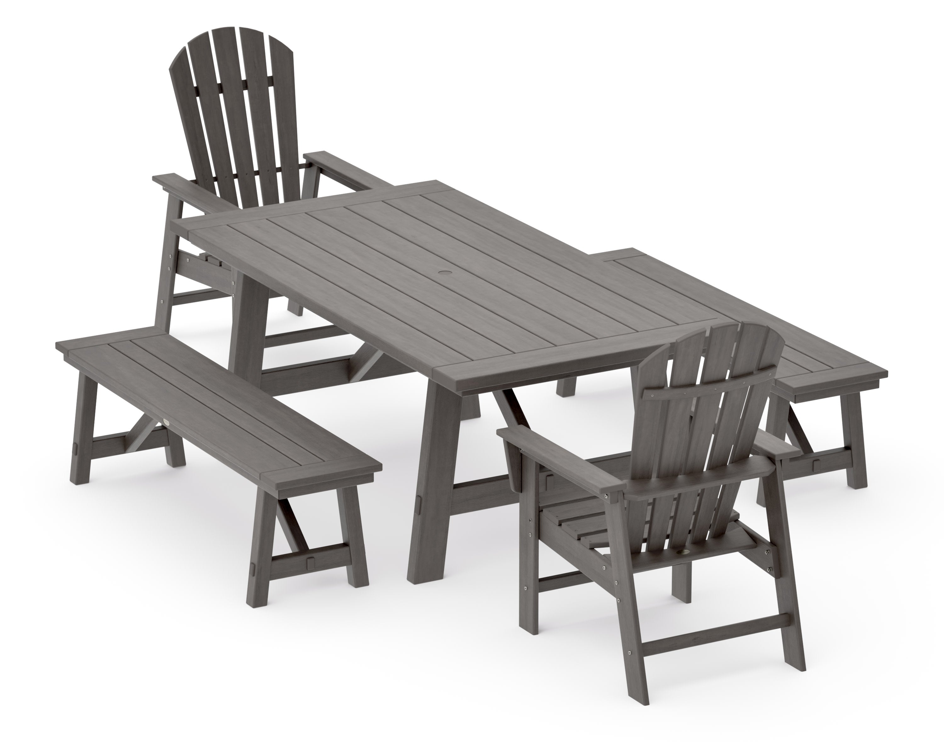 South Beach 5-Piece Rustic Farmhouse Dining Set With Benches in Driftwood