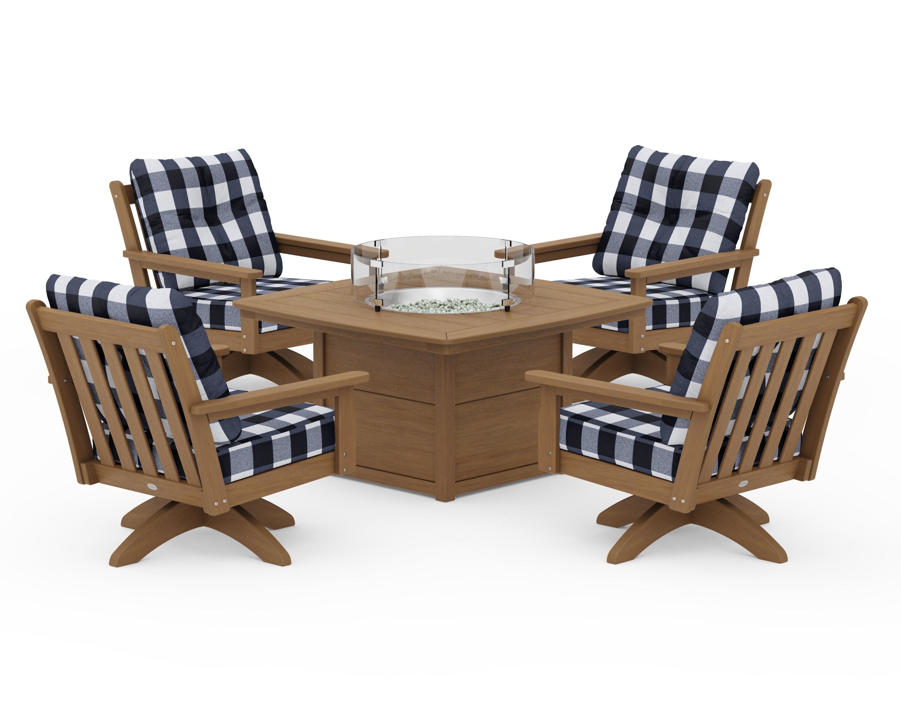 Vineyard 5-Piece Deep Seating Swivel Conversation Set with Fire Pit Table in Natural / Buffalo Plaid Marine Indigo