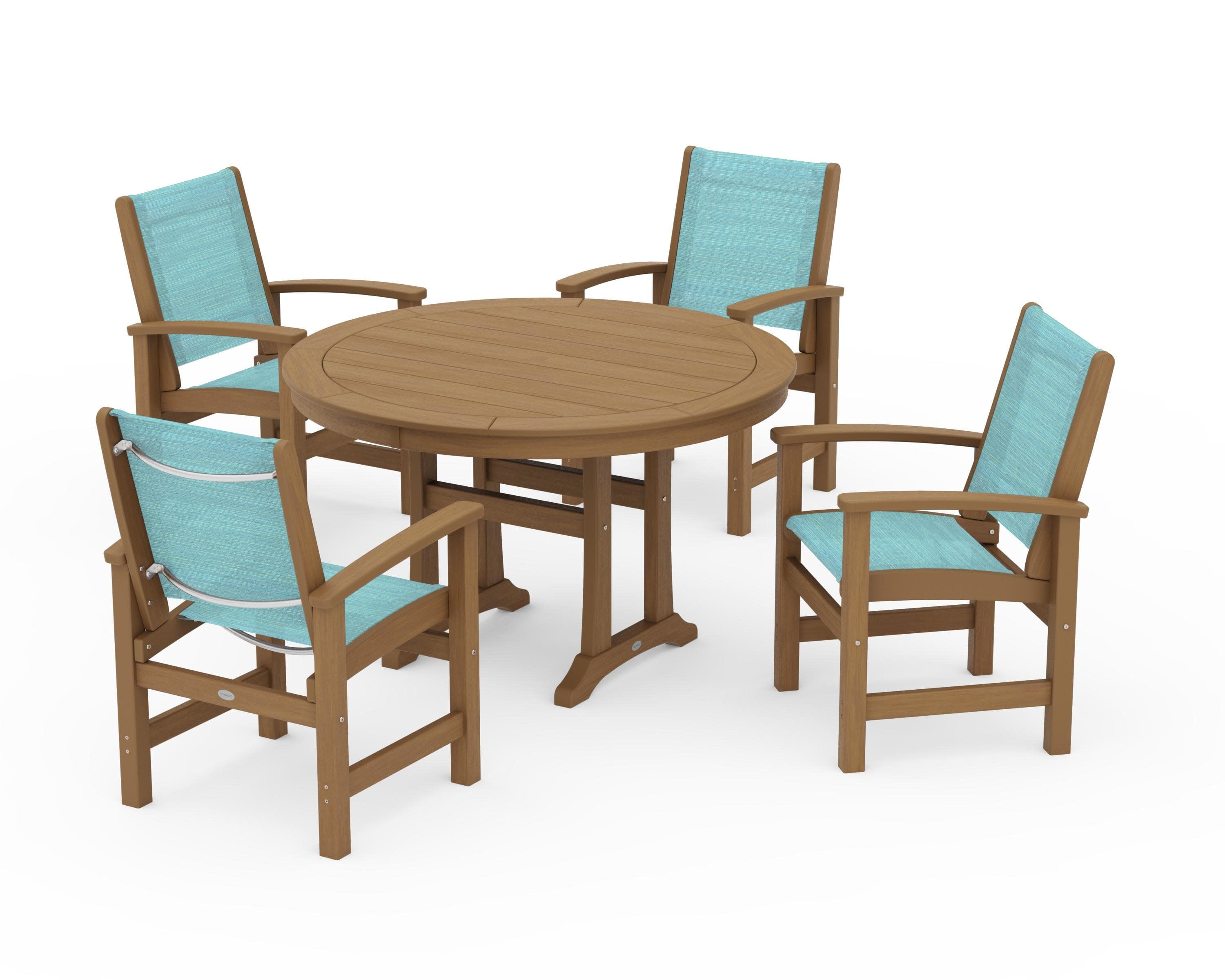 Coastal 5-Piece Round Dining Set with Trestle Legs in Natural / Dupioni Aquamarine Sling