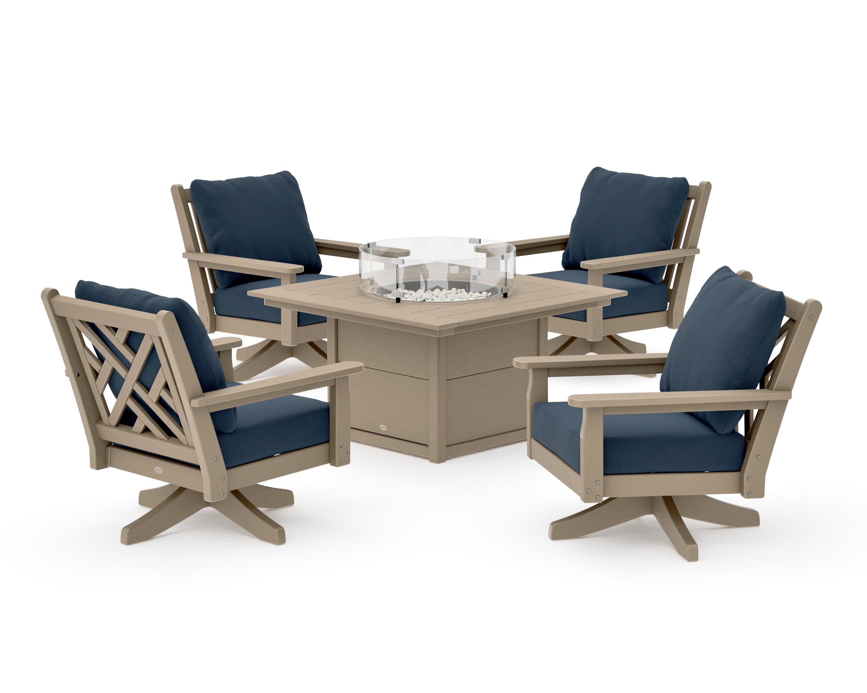 Chippendale 5-Piece Deep Seating Swivel Conversation Set with Fire Pit Table in Vintage Sahara / Marine Indigo