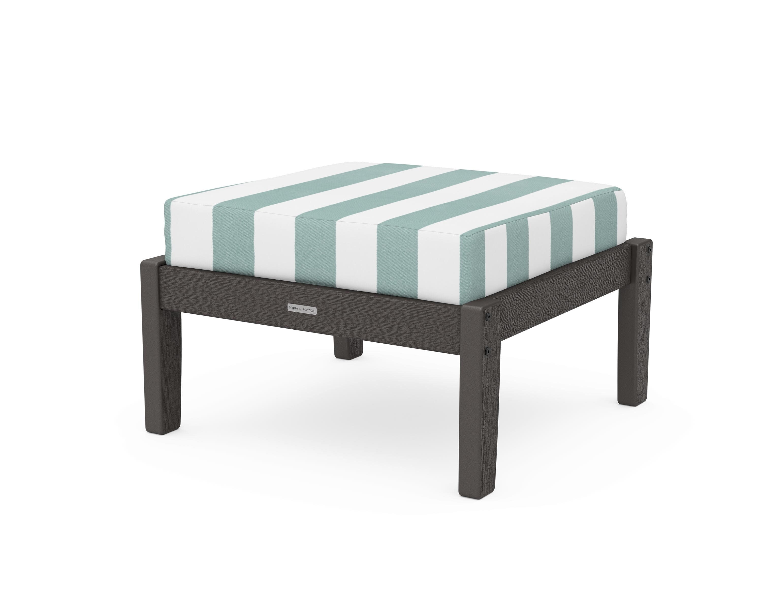 Chinoiserie Deep Seating Ottoman in Vintage Coffee / Cabana Stripe Glacier Spa