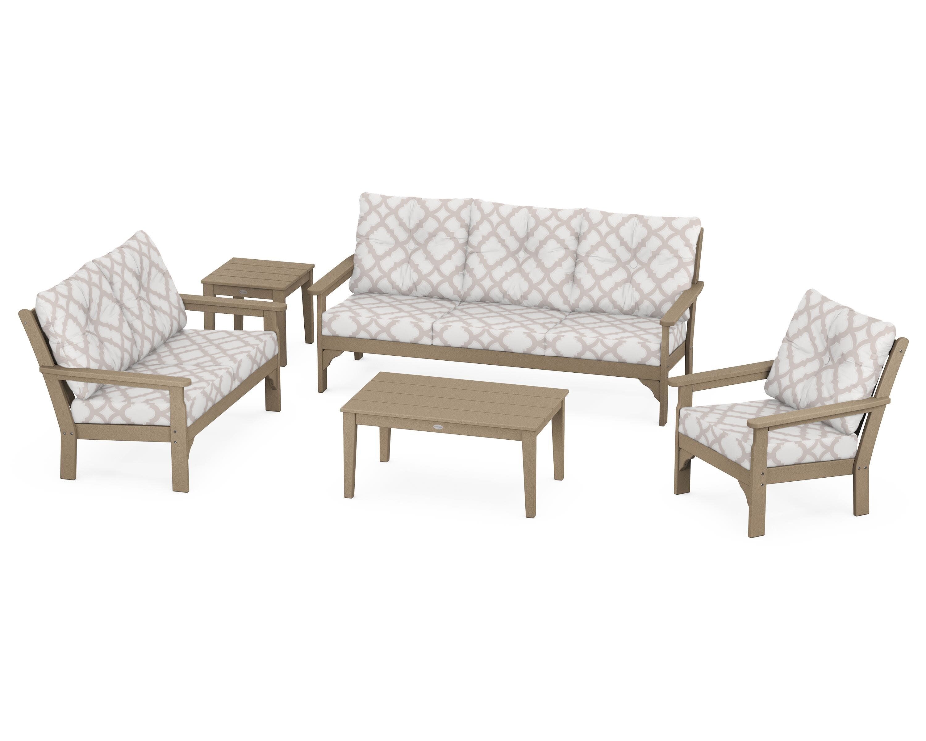 Vineyard 5 Piece Deep Seating Set in Vintage Sahara / Trellis Dune Burlap